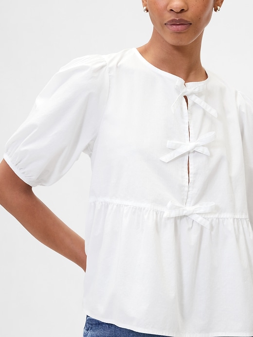 Image number 4 showing, Poplin Puff Sleeve Tie-Front Top