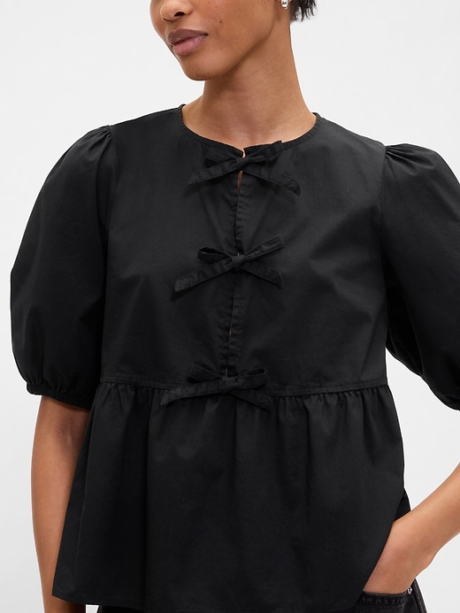 Image number 4 showing, Poplin Puff Sleeve Tie-Front Top