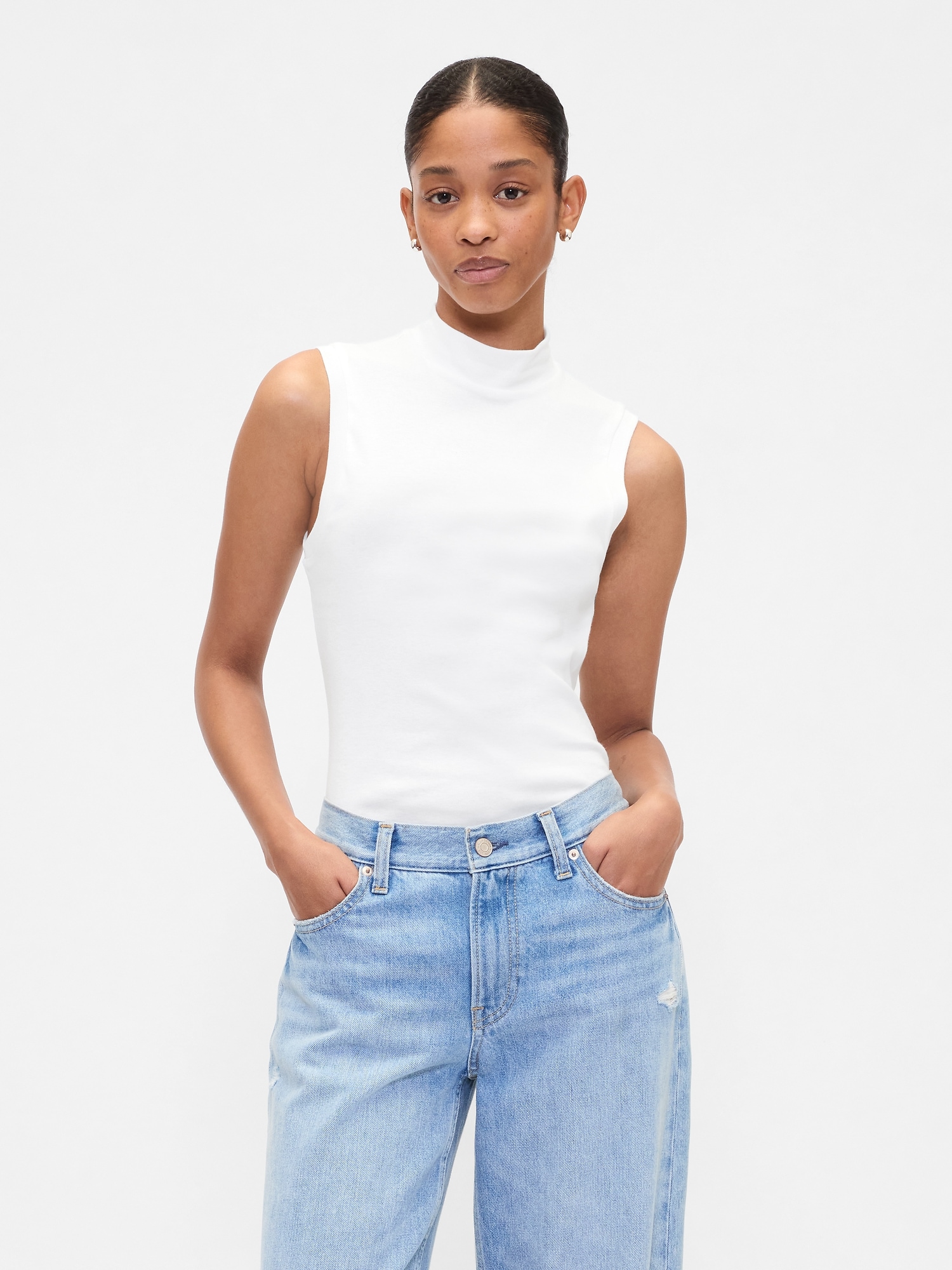Modern Ribbed Mockneck Tank Top - White Graphic