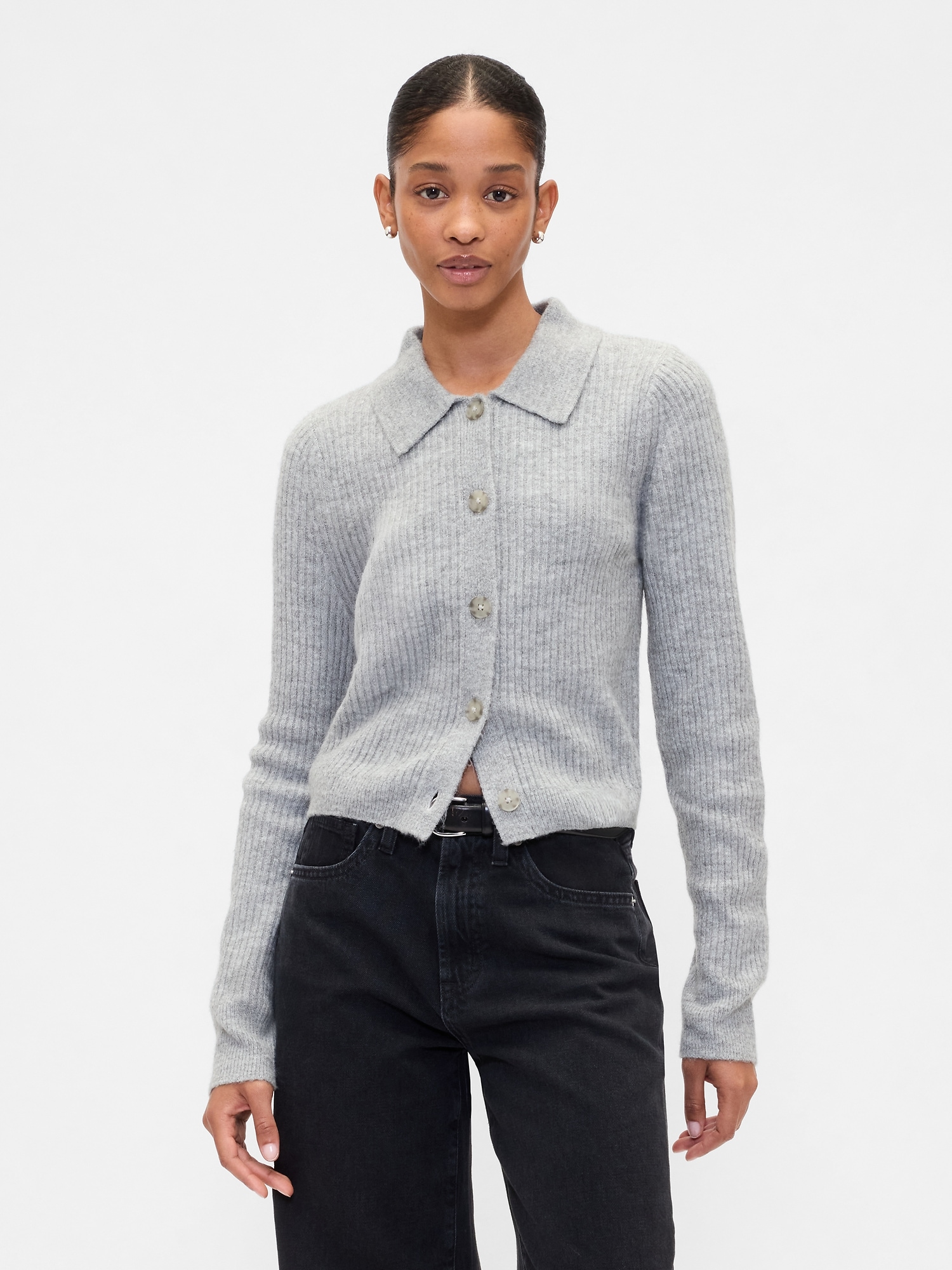 Fitted Cropped Collared Cardigan - Heather Gray