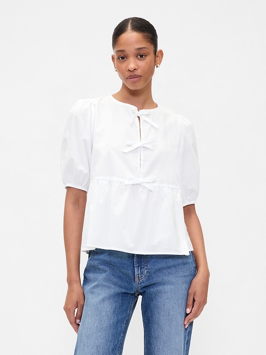 Image number 1 showing, Poplin Puff Sleeve Tie-Front Top