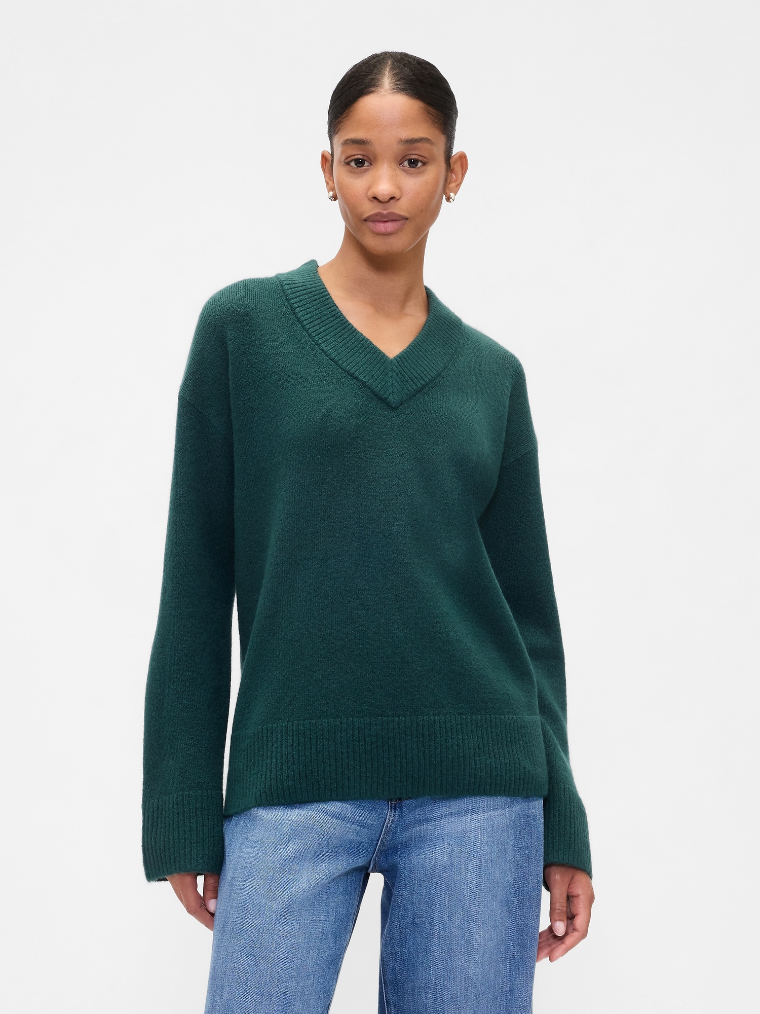 Oversized V-Neck Sweater - Green