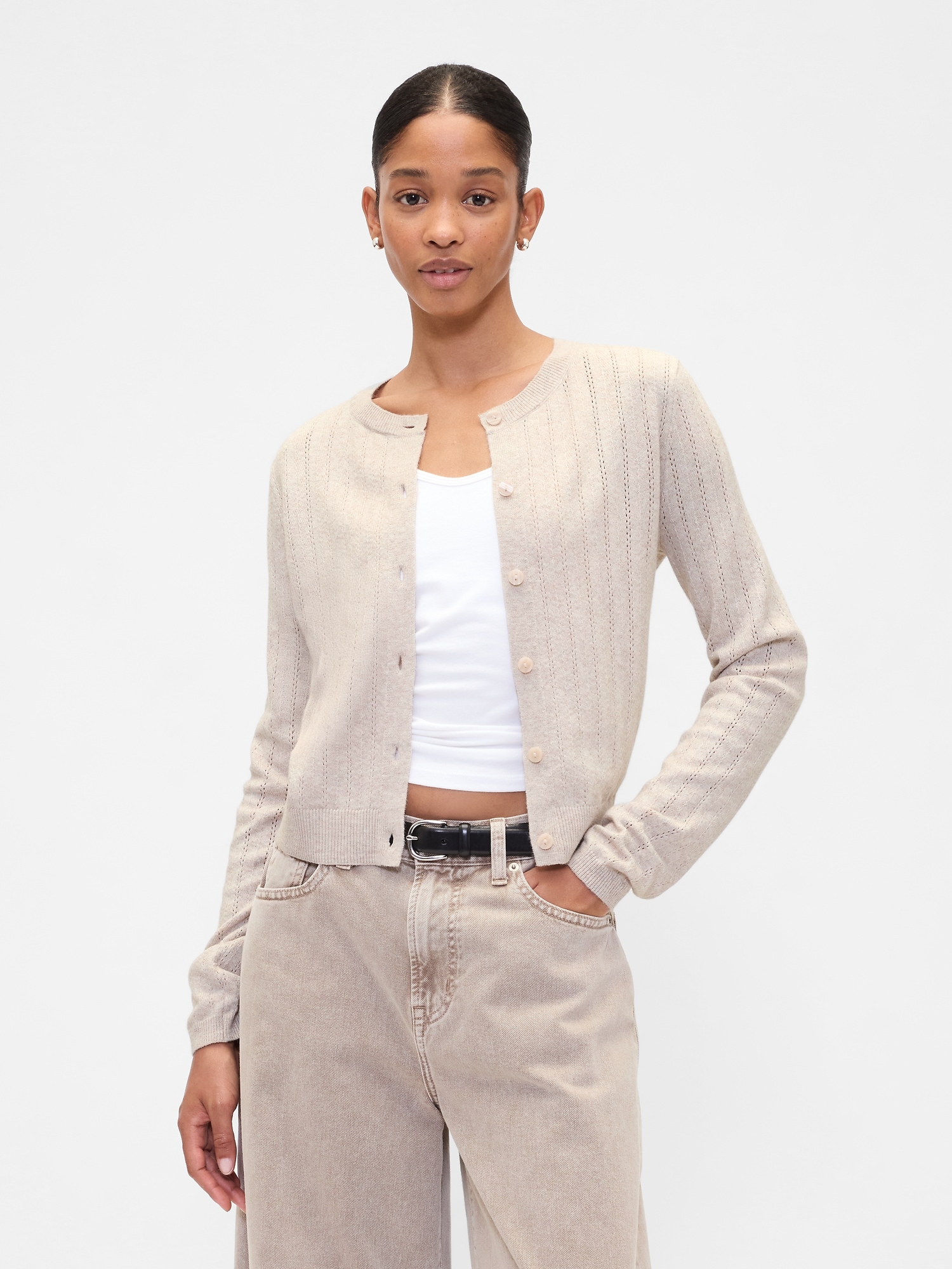 CashSoft Pointelle Cardigan - Warm Taupe Heather