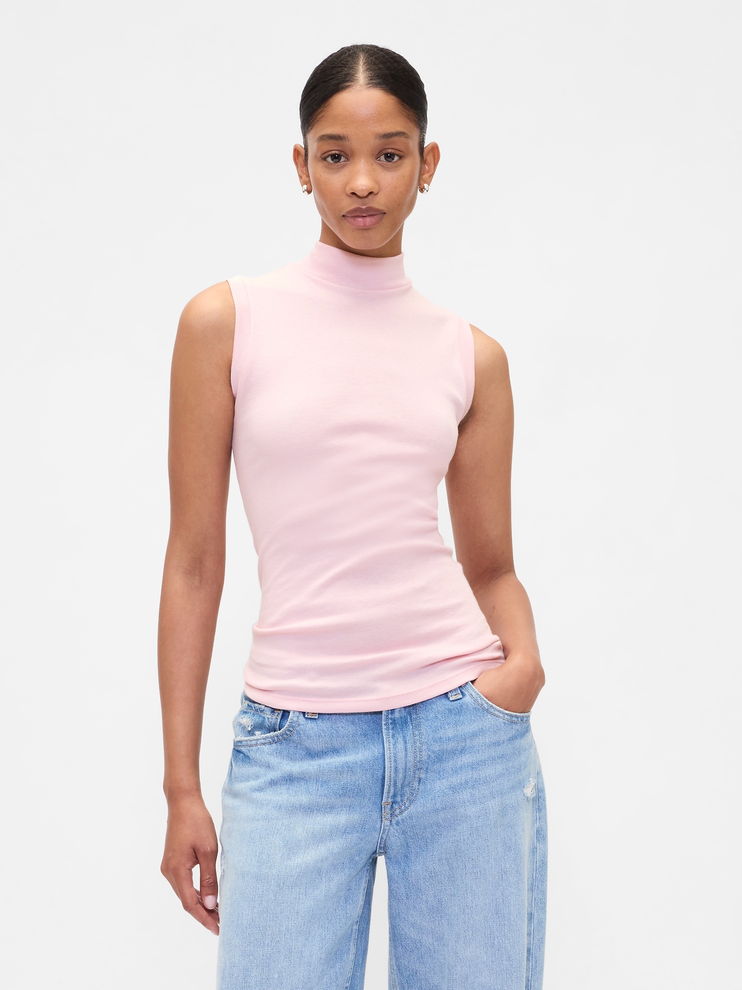 Modern Ribbed Mockneck Tank Top - Pure Pink