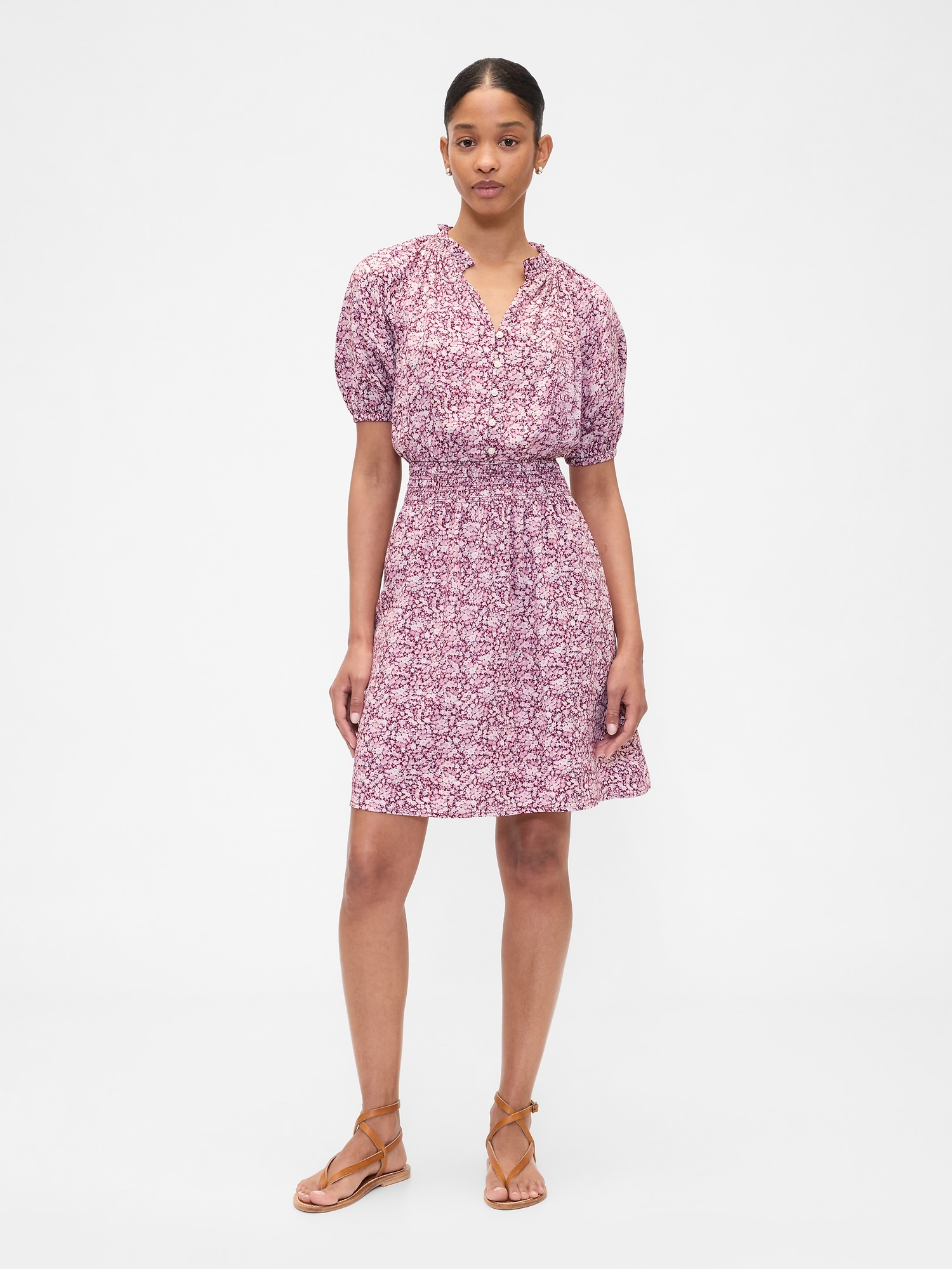 Relaxed Smocked Splitneck Mini Dress