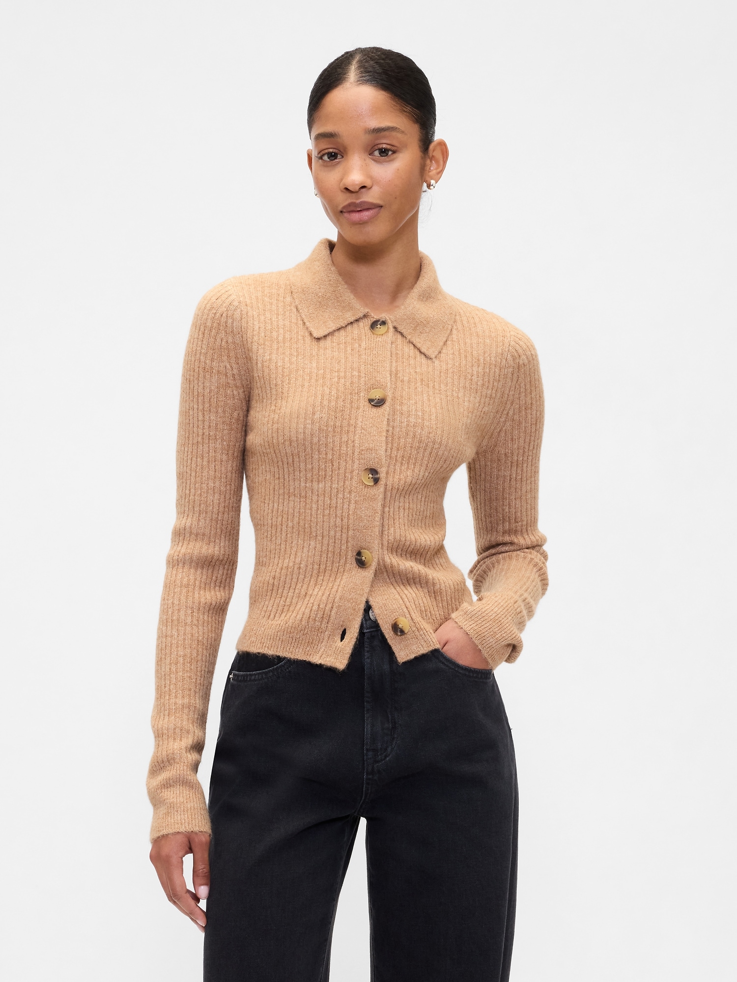 Fitted Cropped Collared Cardigan - Light Camel Heather