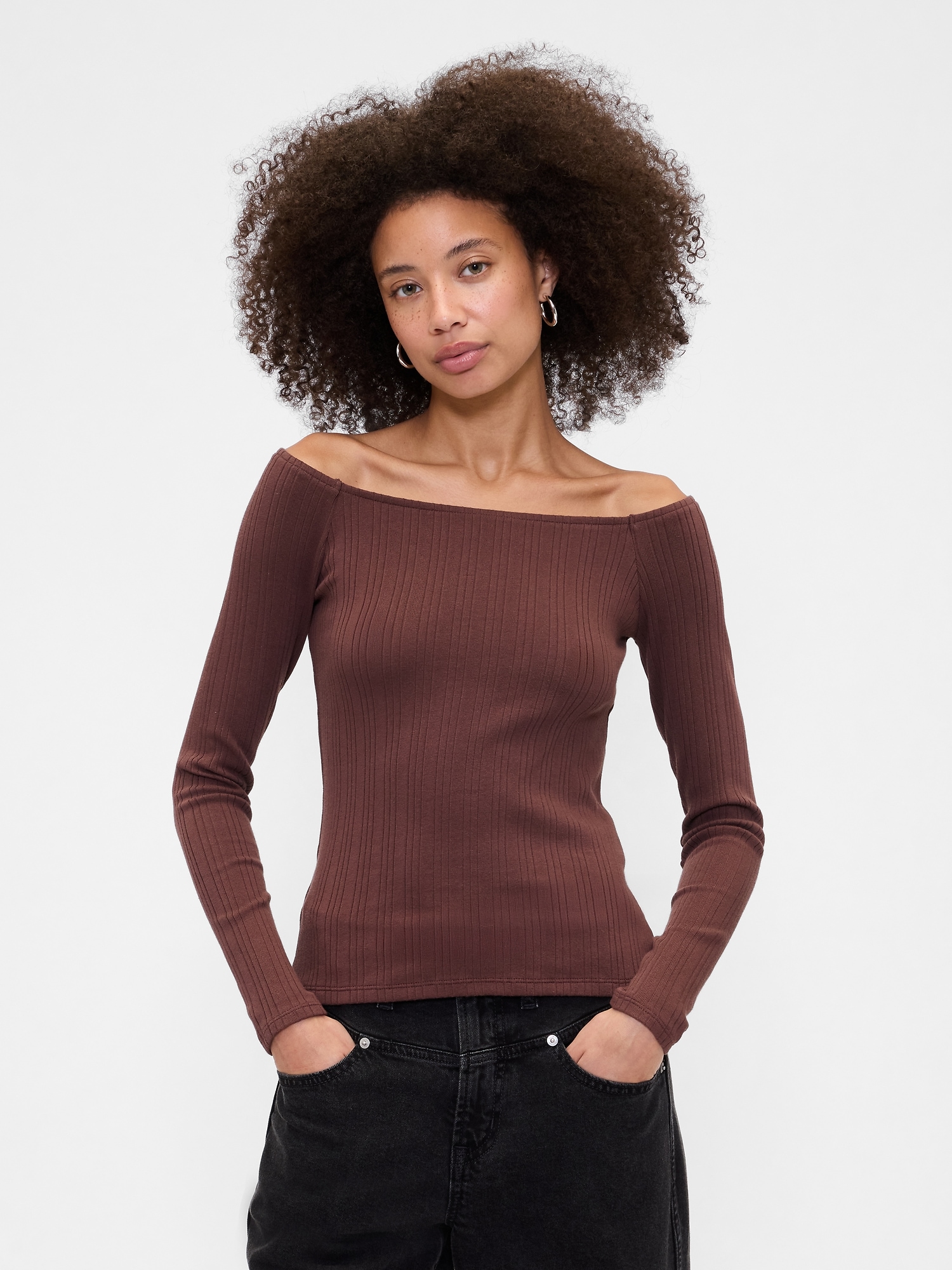 Ribbed Boatneck Top - Chocolate Bar Brown