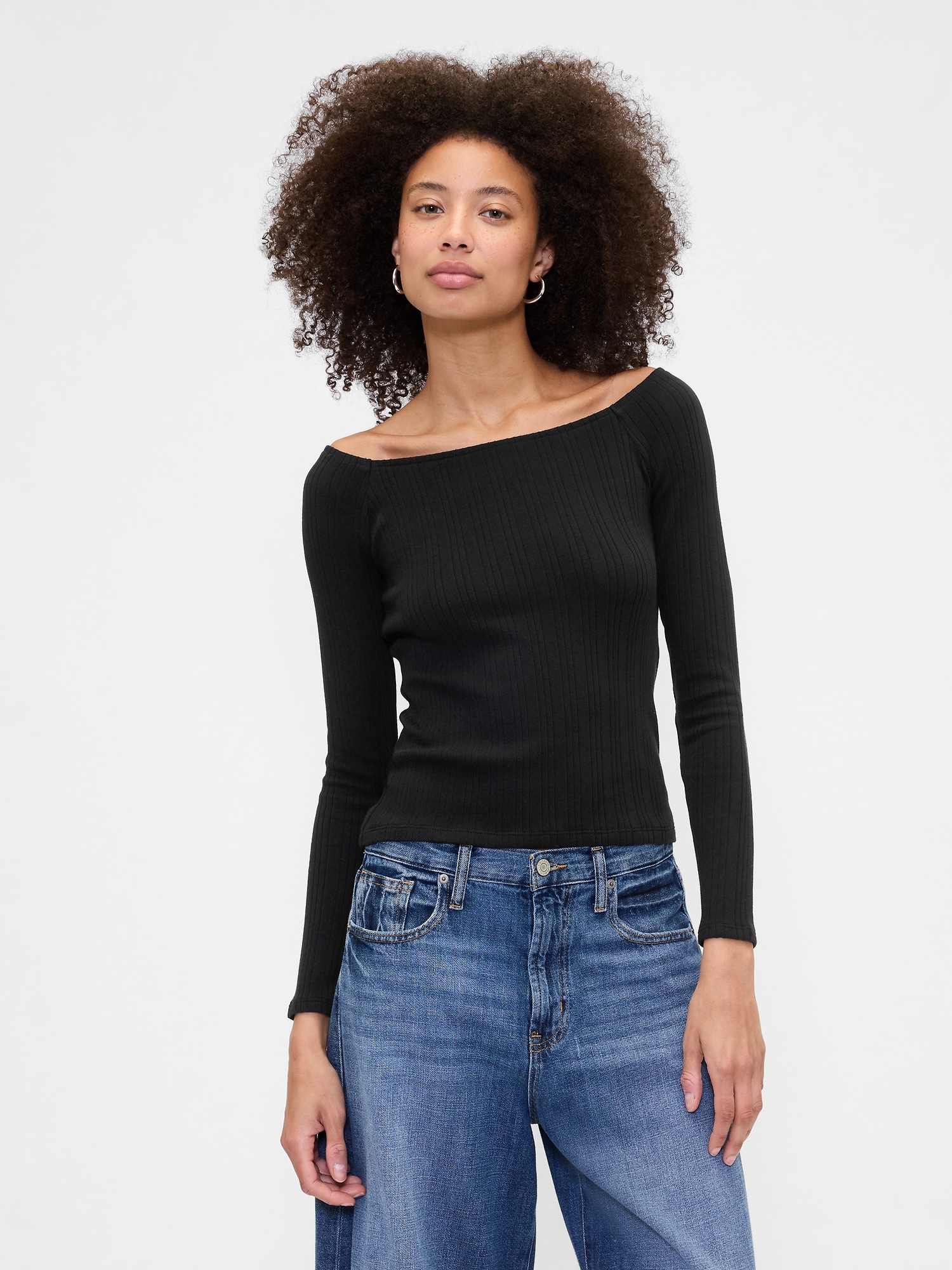 Ribbed Boatneck Top - Black