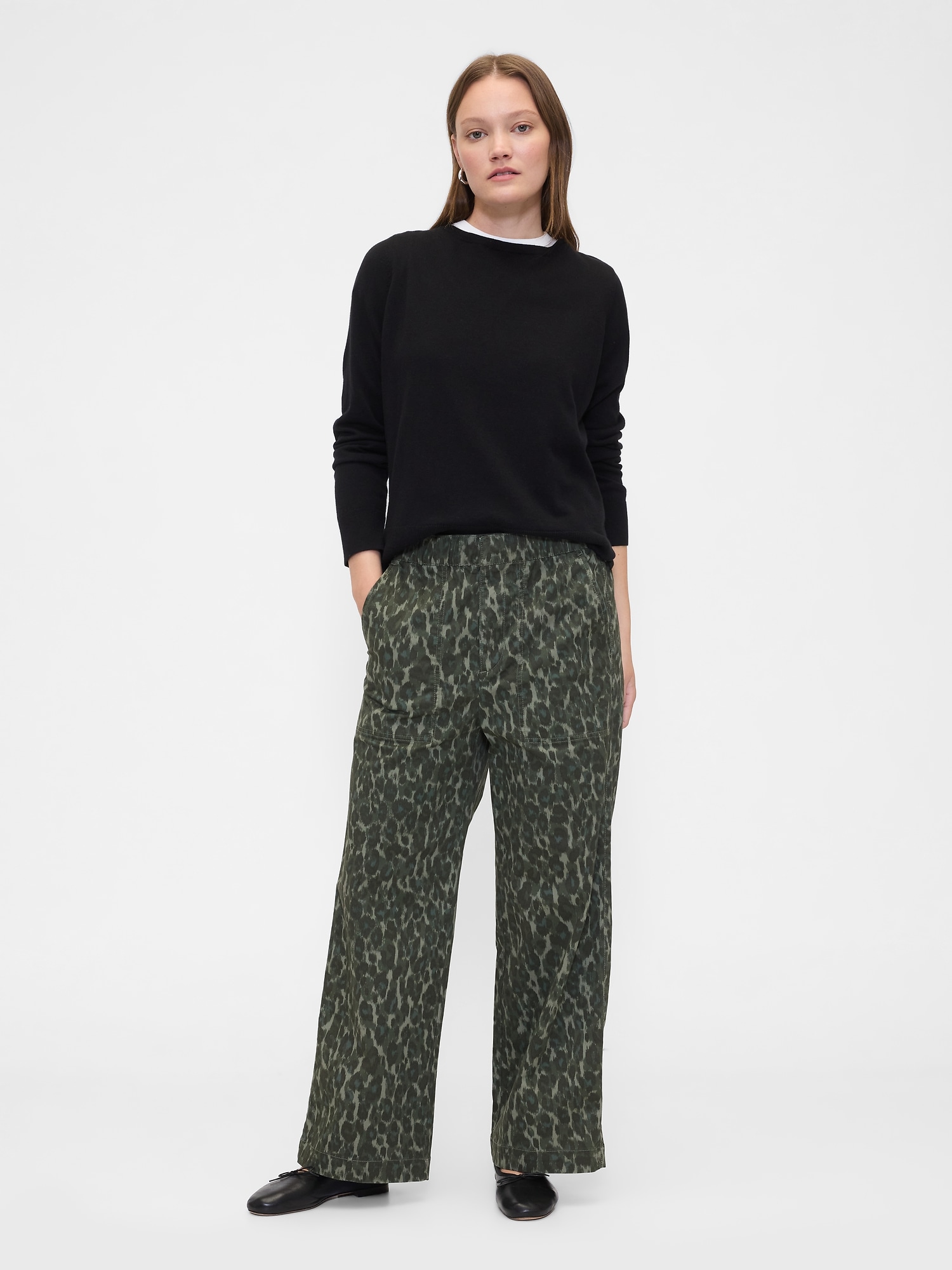 High Rise Print Easy Wide-Leg Khakis - Green Leopard
