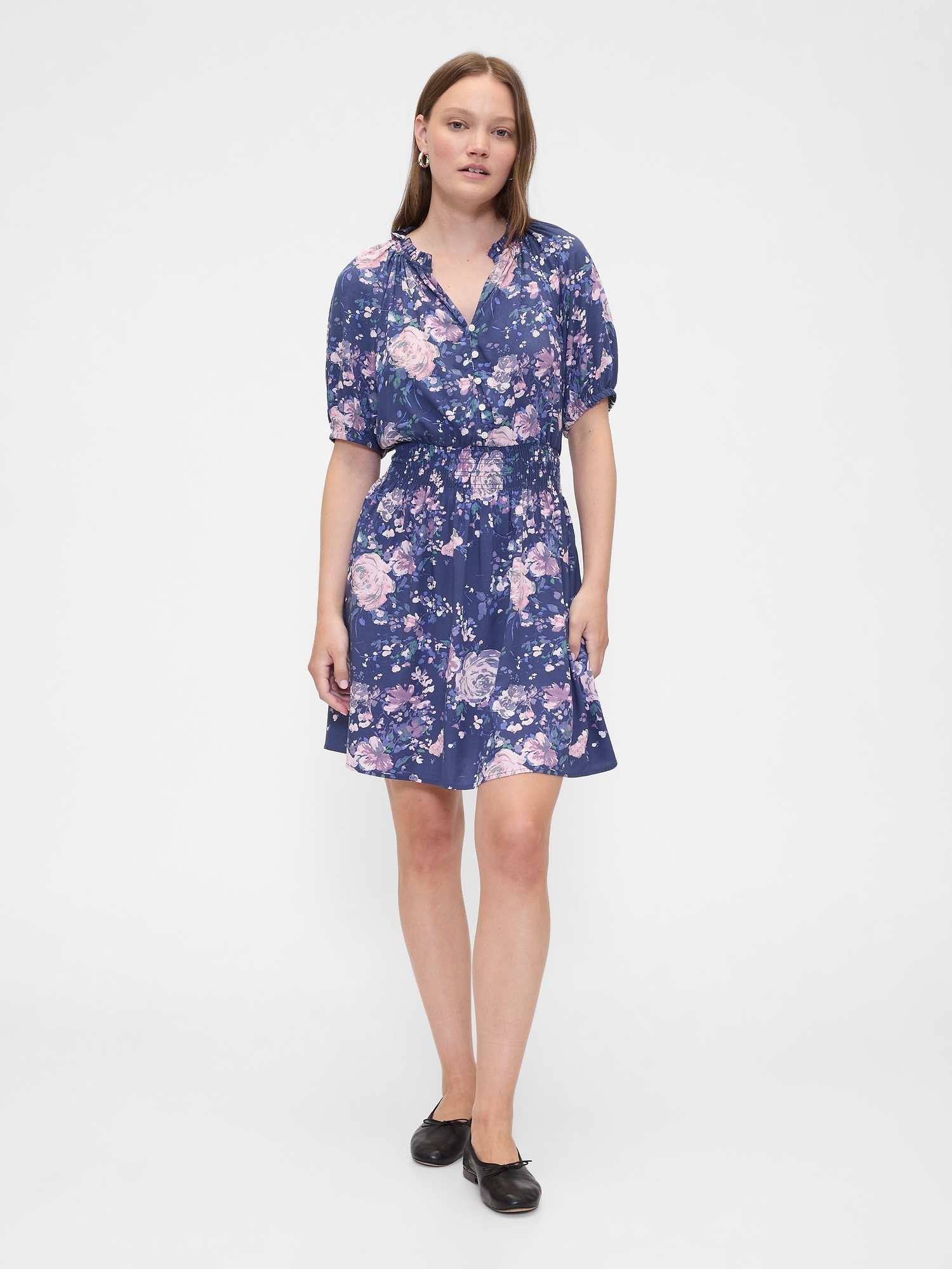 Relaxed Smocked Splitneck Mini Dress - Blue