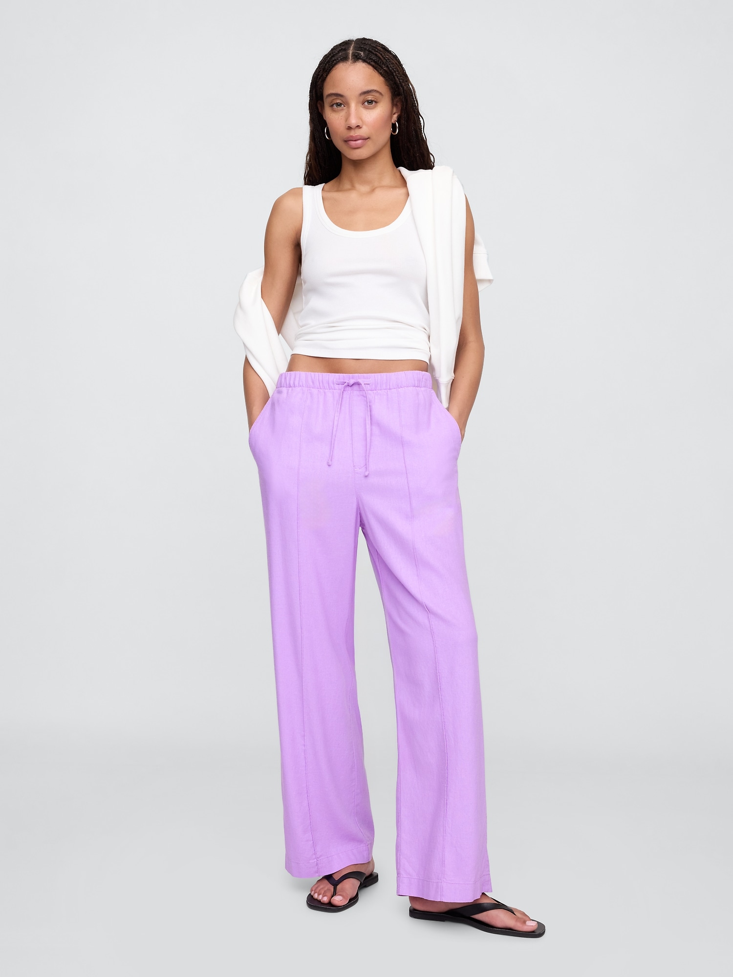Mid Rise Linen-Blend Pull-On Wide-Leg Pants