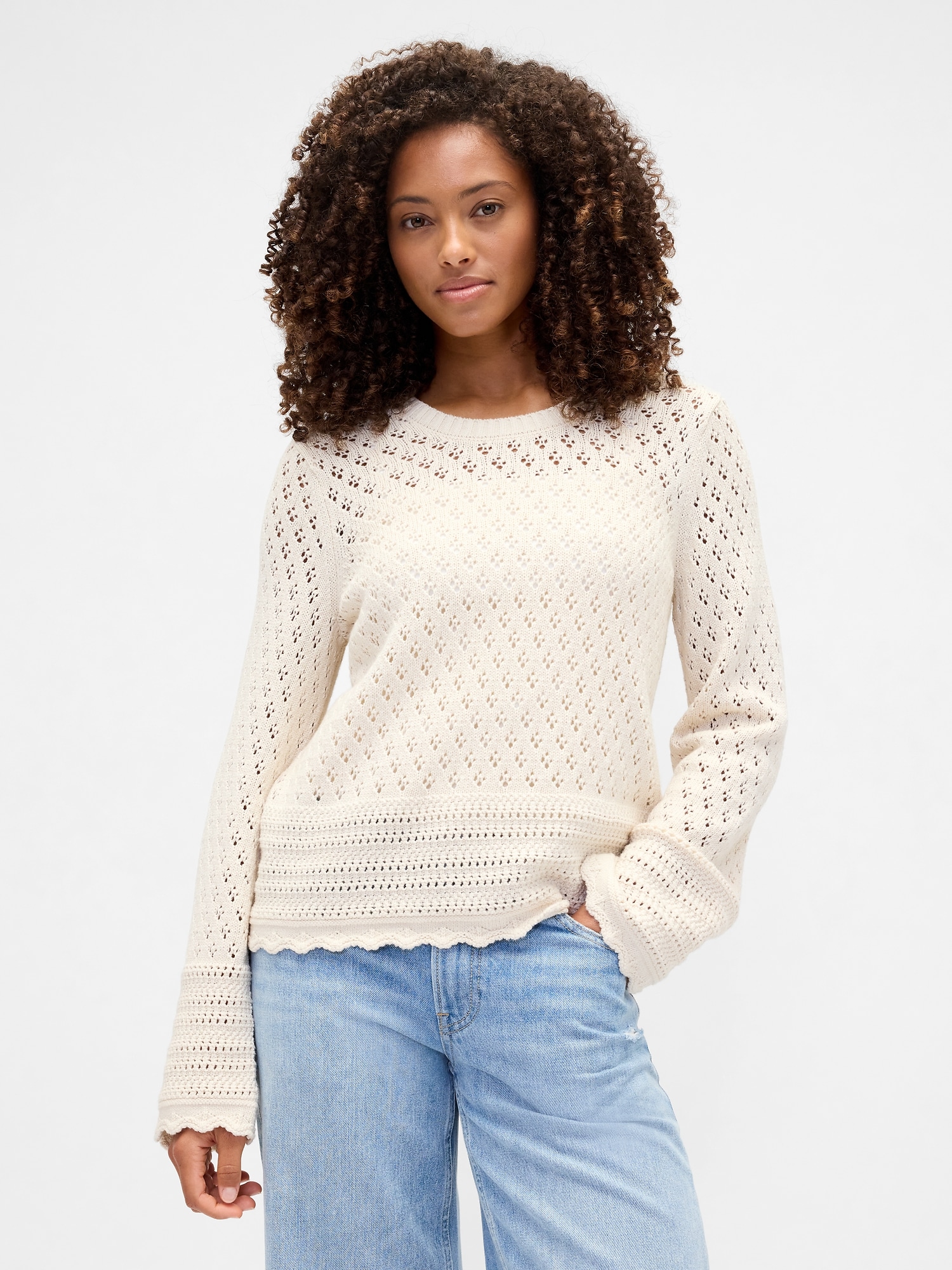 Relaxed Mixed-Stitch Balloon-Sleeve Cardigan
