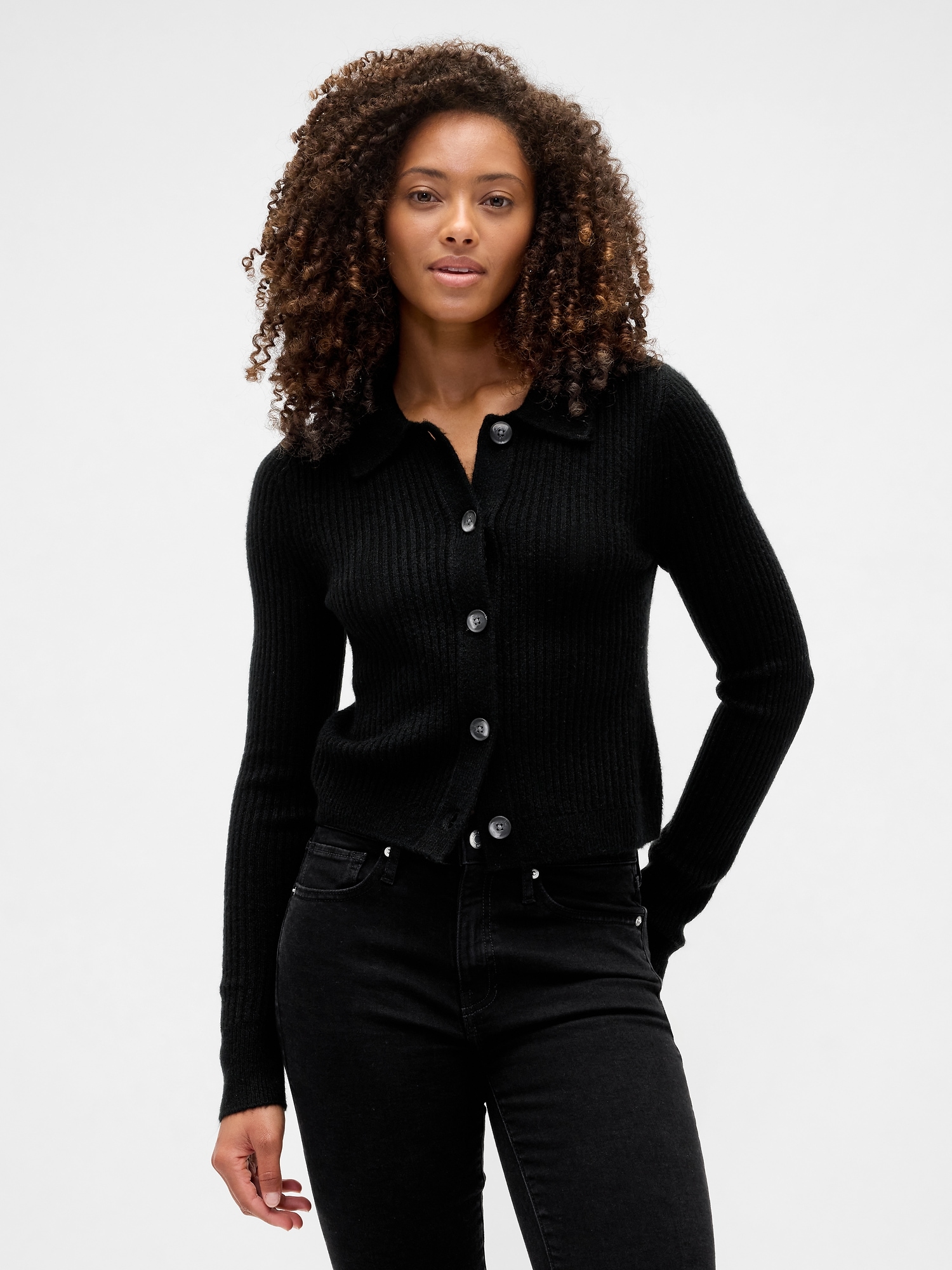 Fitted Cropped Collared Cardigan - Black