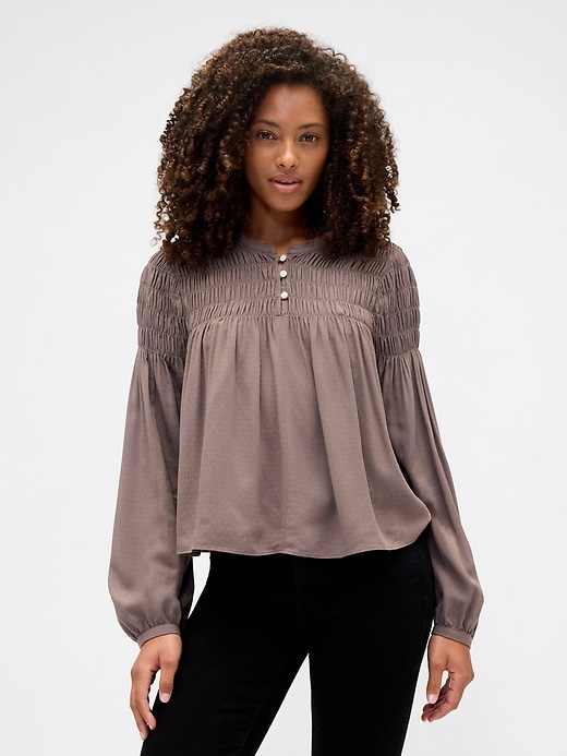 Image number 1 showing, Relaxed Smocked Balloon-Sleeve Top