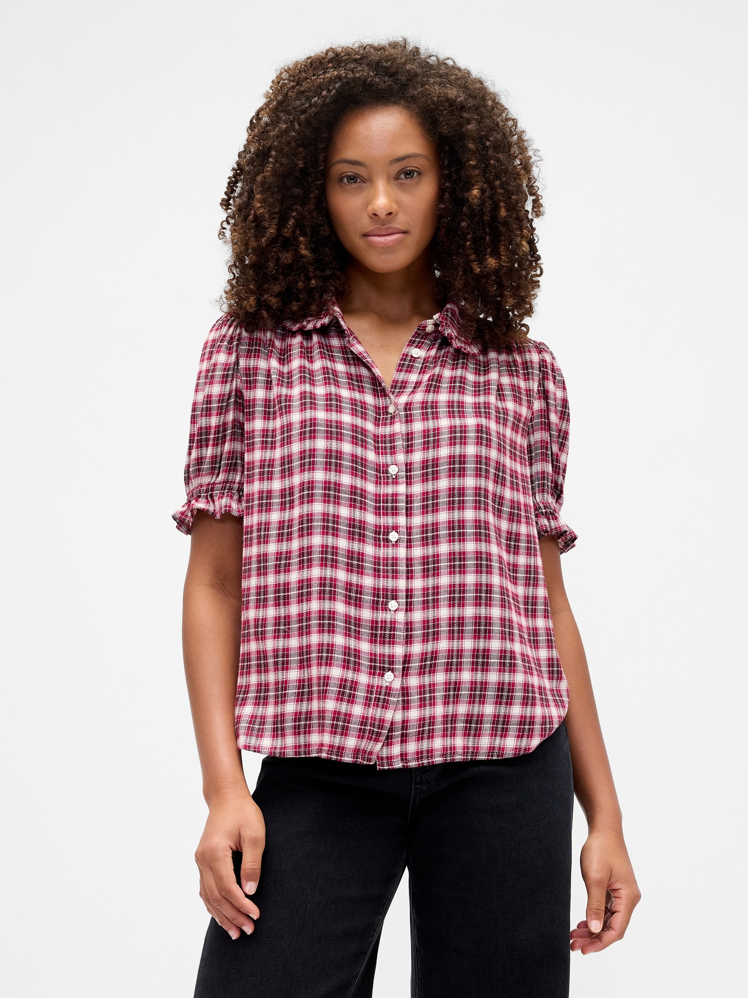 Relaxed Flannel Puff Sleeve Shirt - Burgundy Plaid