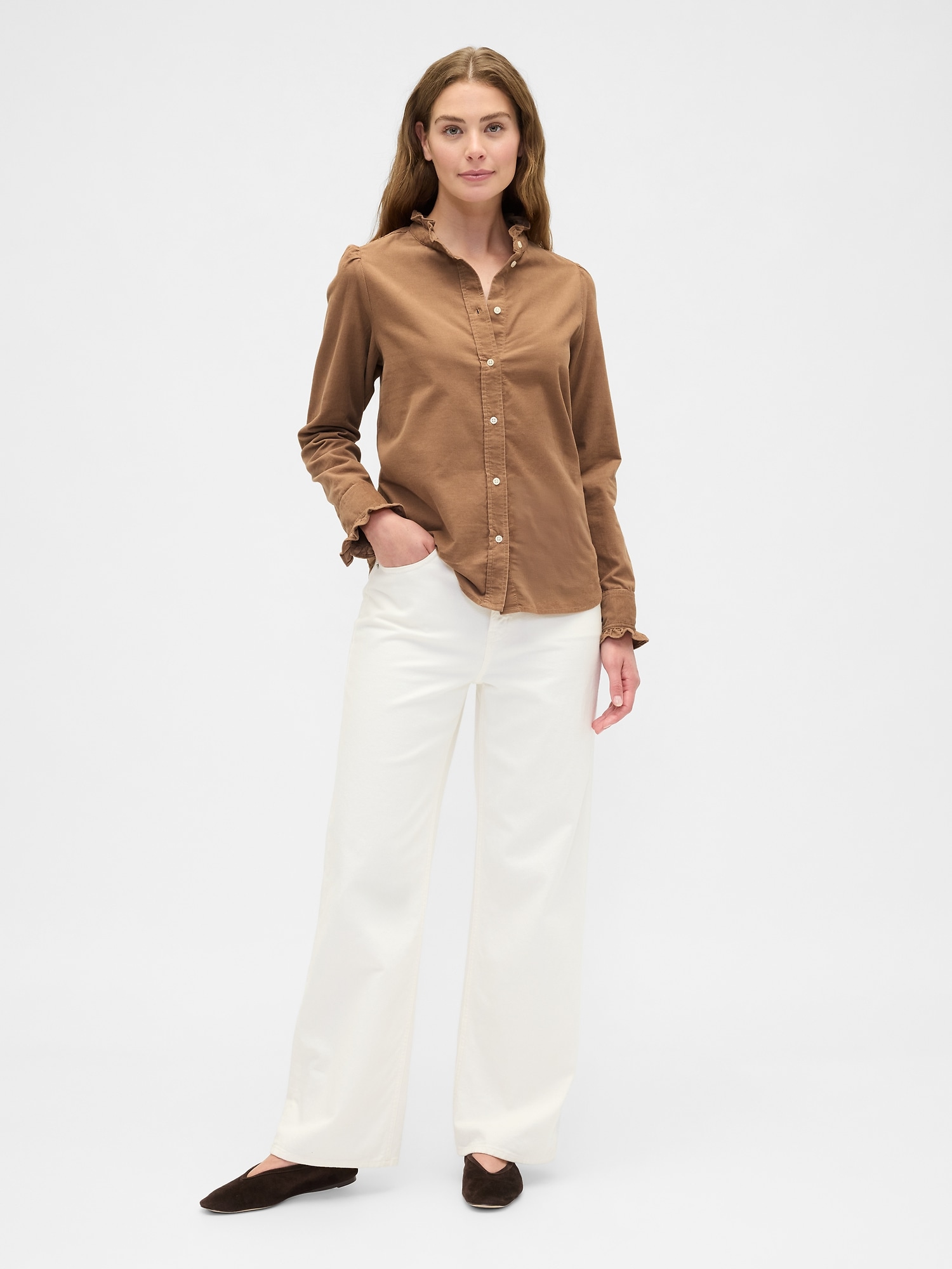 Gap Factory Corduroy Ruffle Shirt In Brown