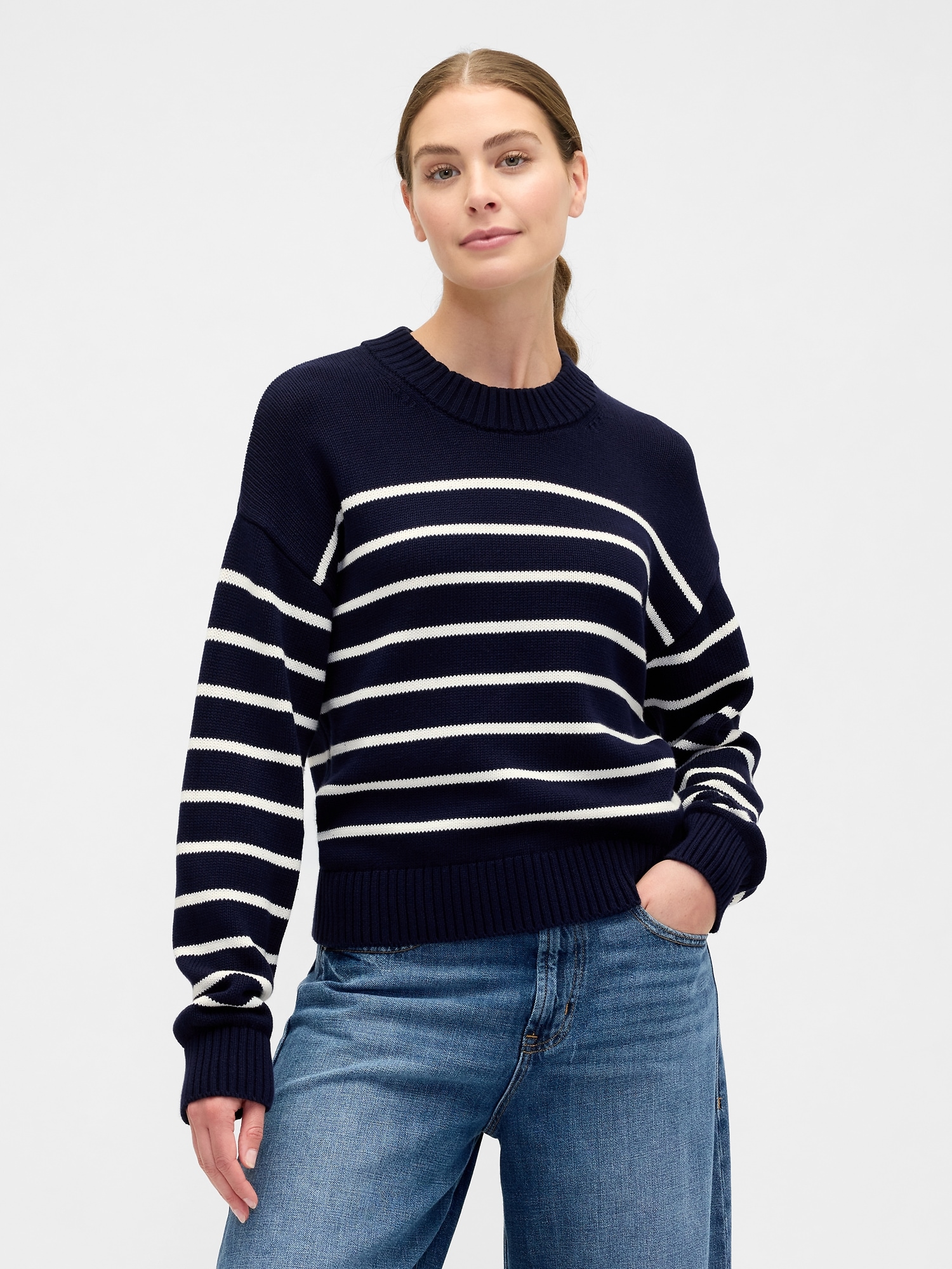 Relaxed Stripe Cropped Sweater - Blue