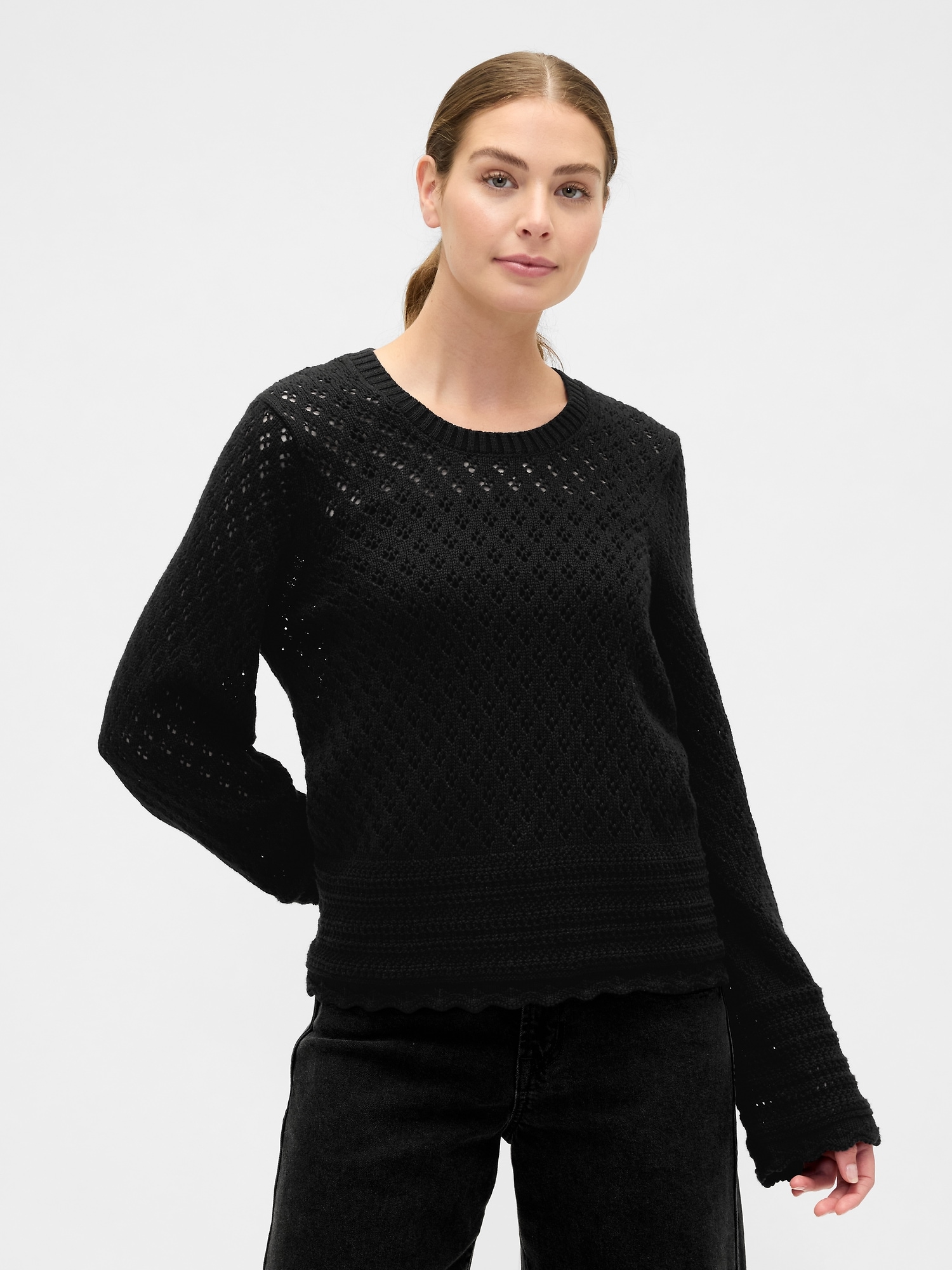 Relaxed Mixed-Stitch Balloon-Sleeve Cardigan - Black