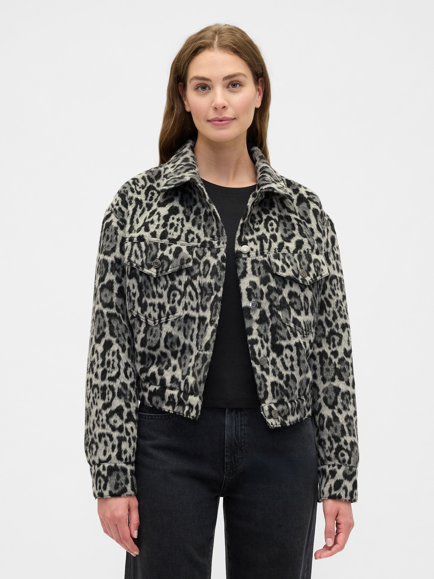 Relaxed Cropped Textured Icon Jacket - Leopard