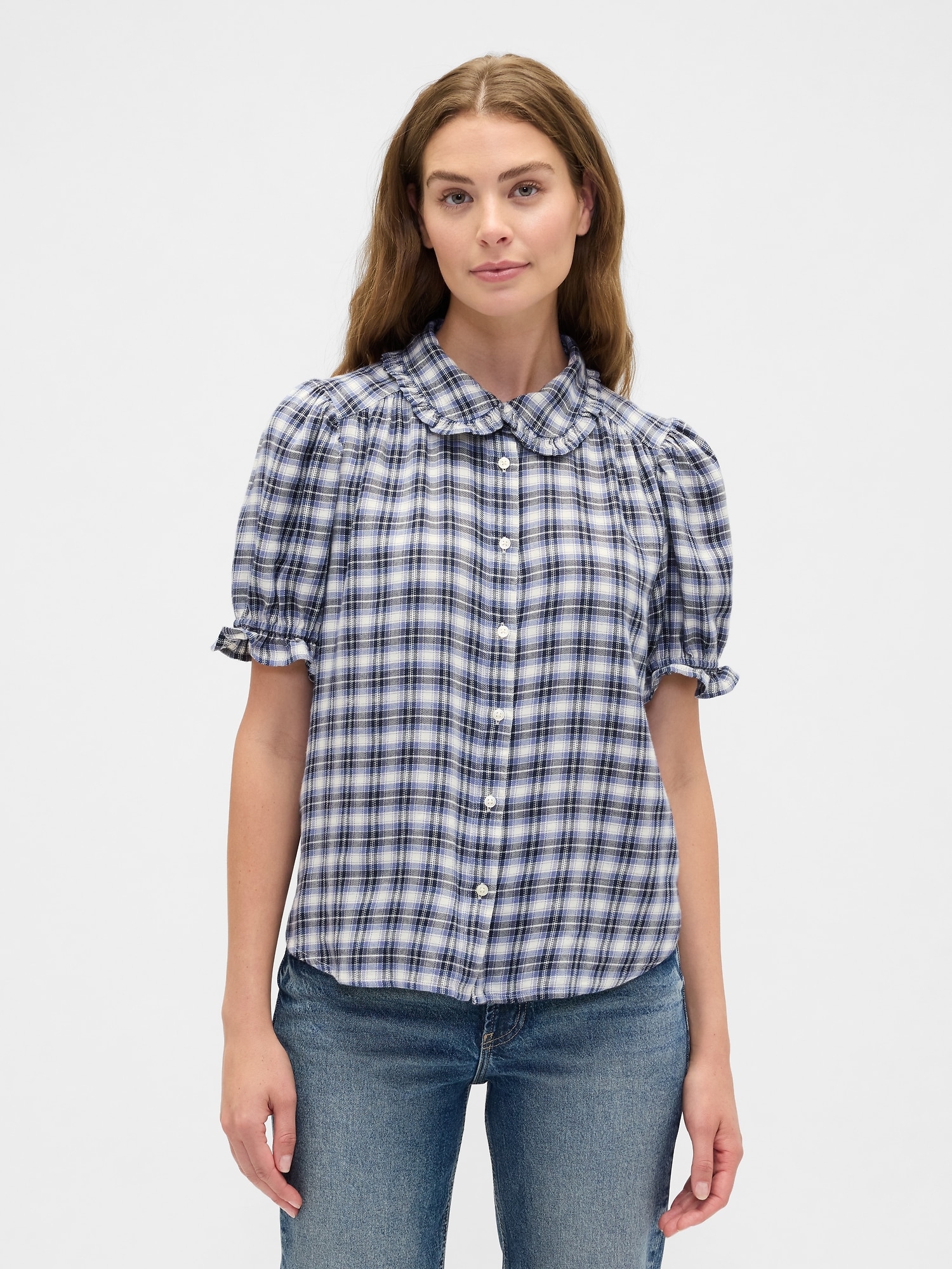 Relaxed Flannel Puff Sleeve Shirt - Blue Plaid