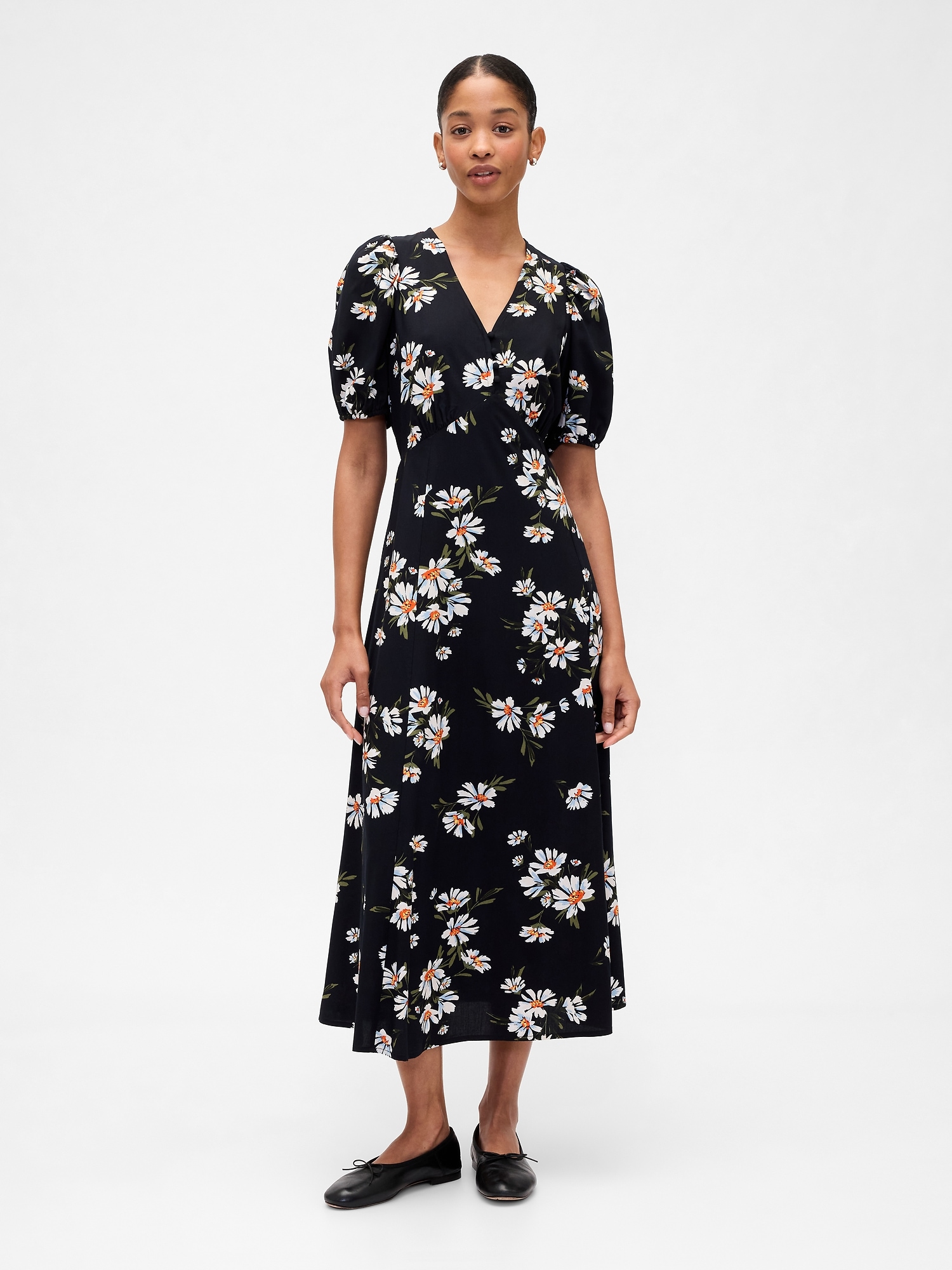 Puff Sleeve V-Neck Maxi Dress - Black