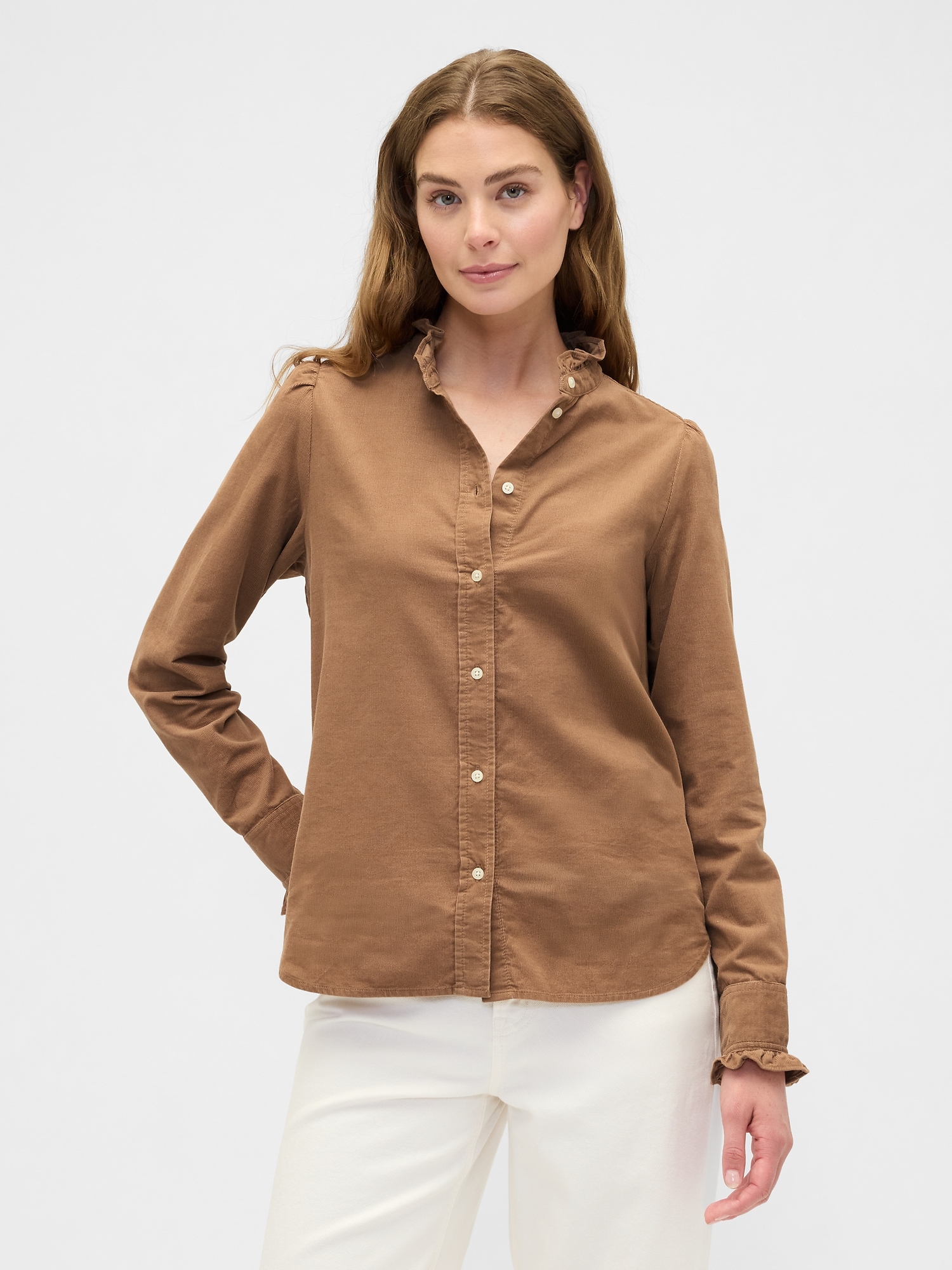 Corduroy Ruffle Shirt - Camel Hair Brown