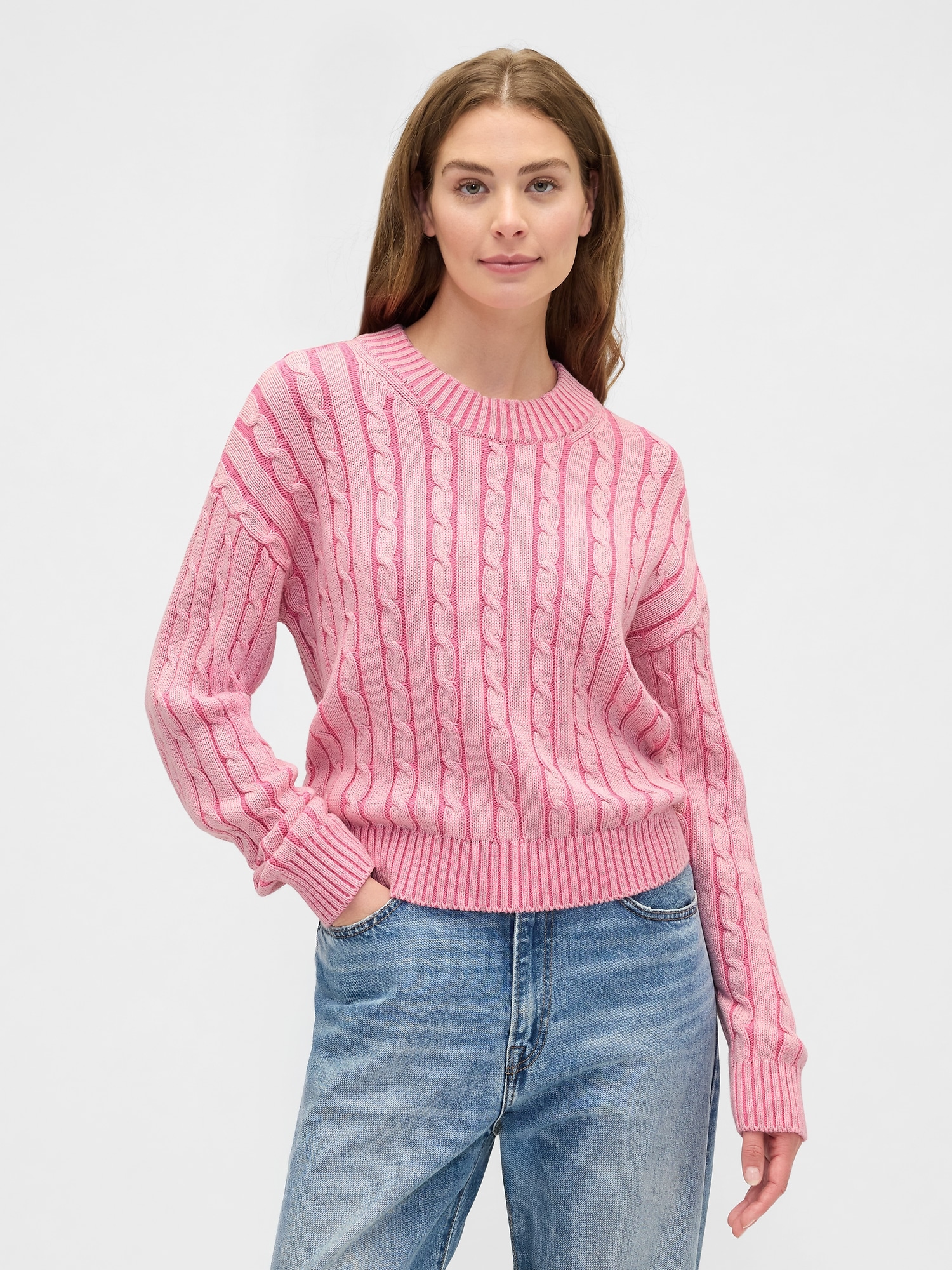 Relaxed Cable-Knit Crewneck Sweater - Love Letter Pink