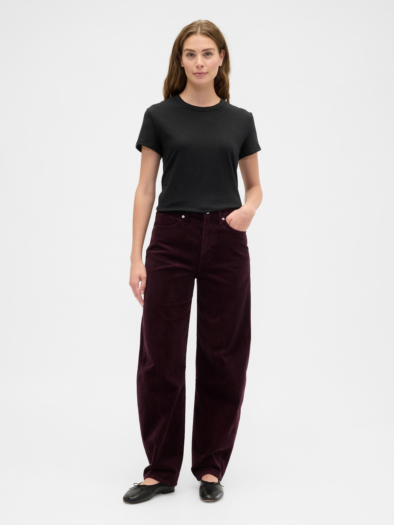 High Rise Barrel Corduroy Pants - Eggplant