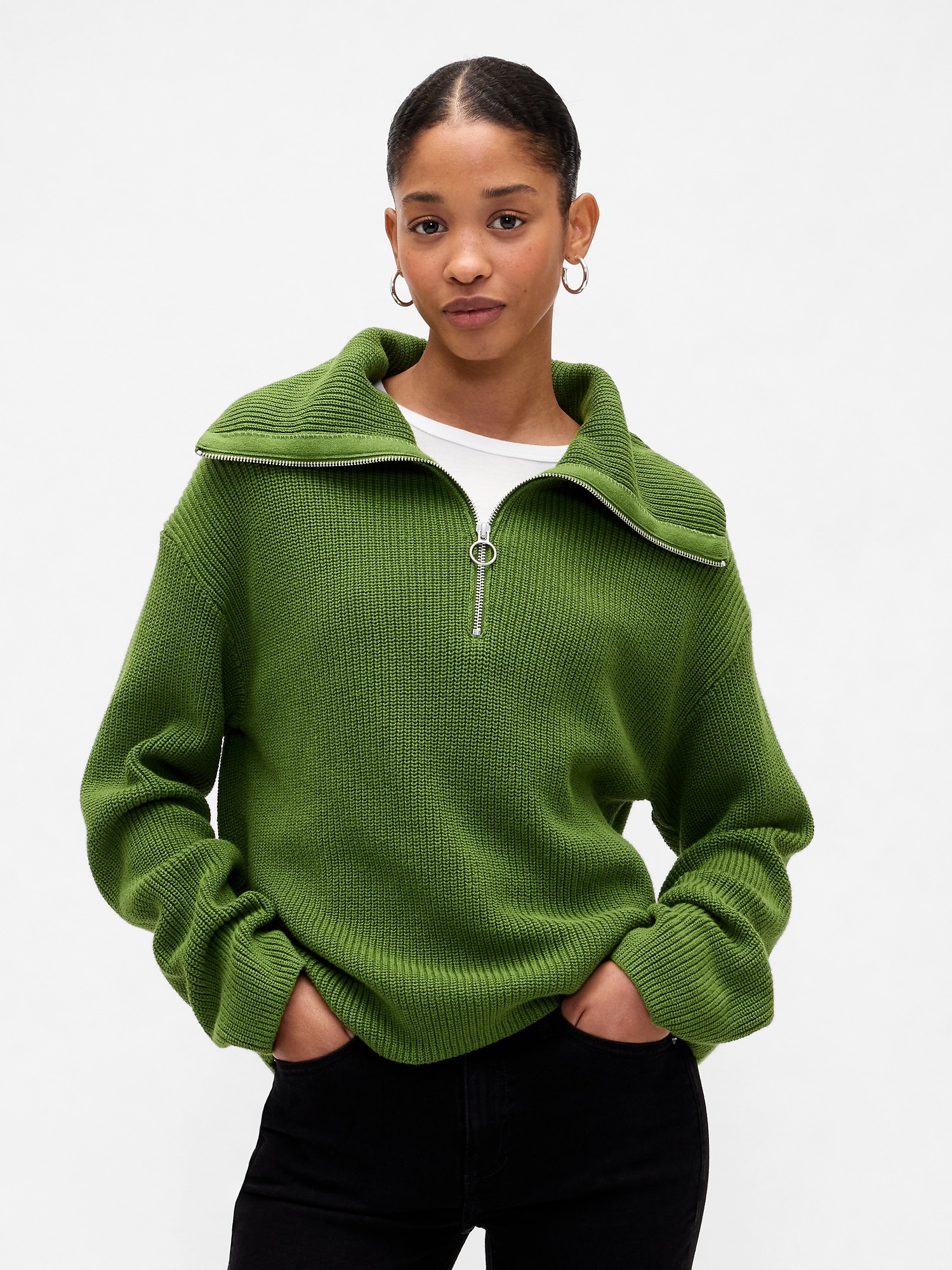 Relaxed Ribbed Quarter-Zip Cardigan - Twist Of Lime