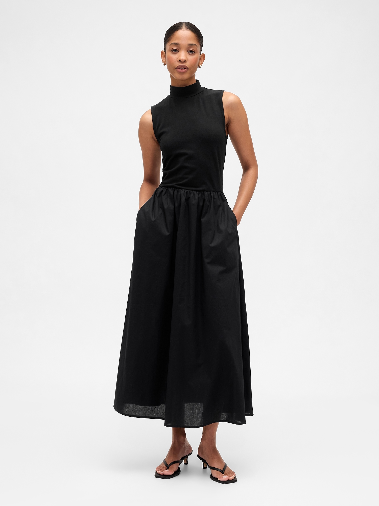 Sleeveless Mockneck Midi Dress - Black