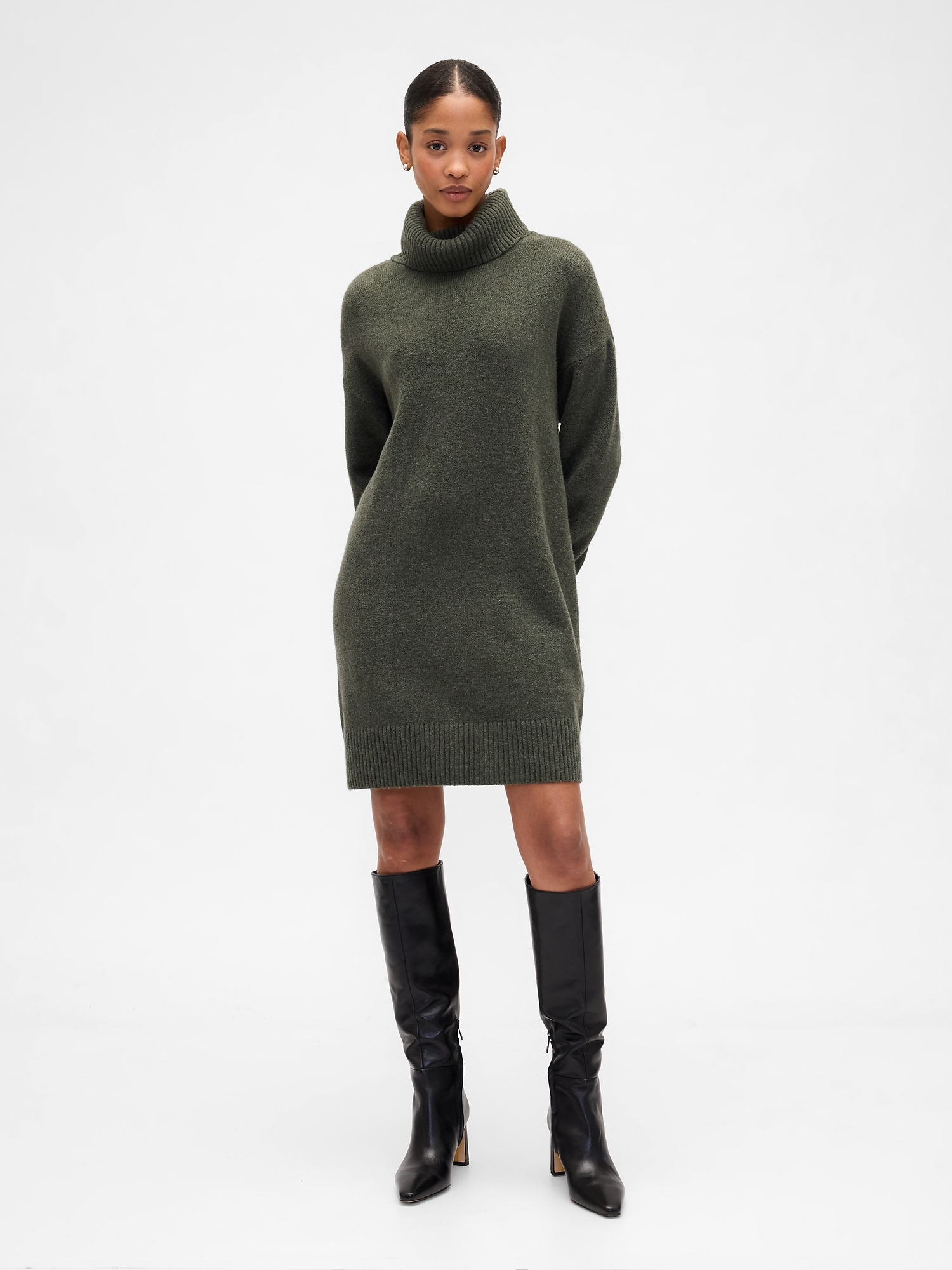 CashSoft Relaxed Turtleneck Sweater Mini Dress - Olive Heather