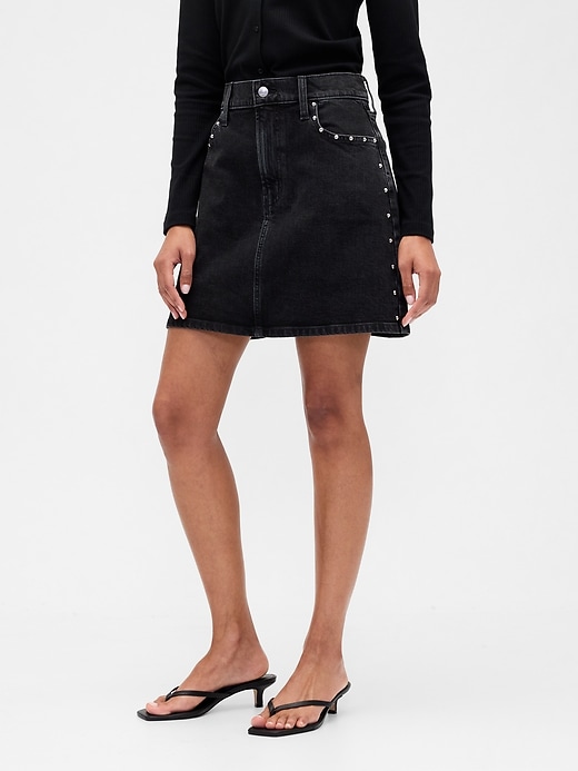 Image number 3 showing, High Rise Studded Denim Mini Skirt