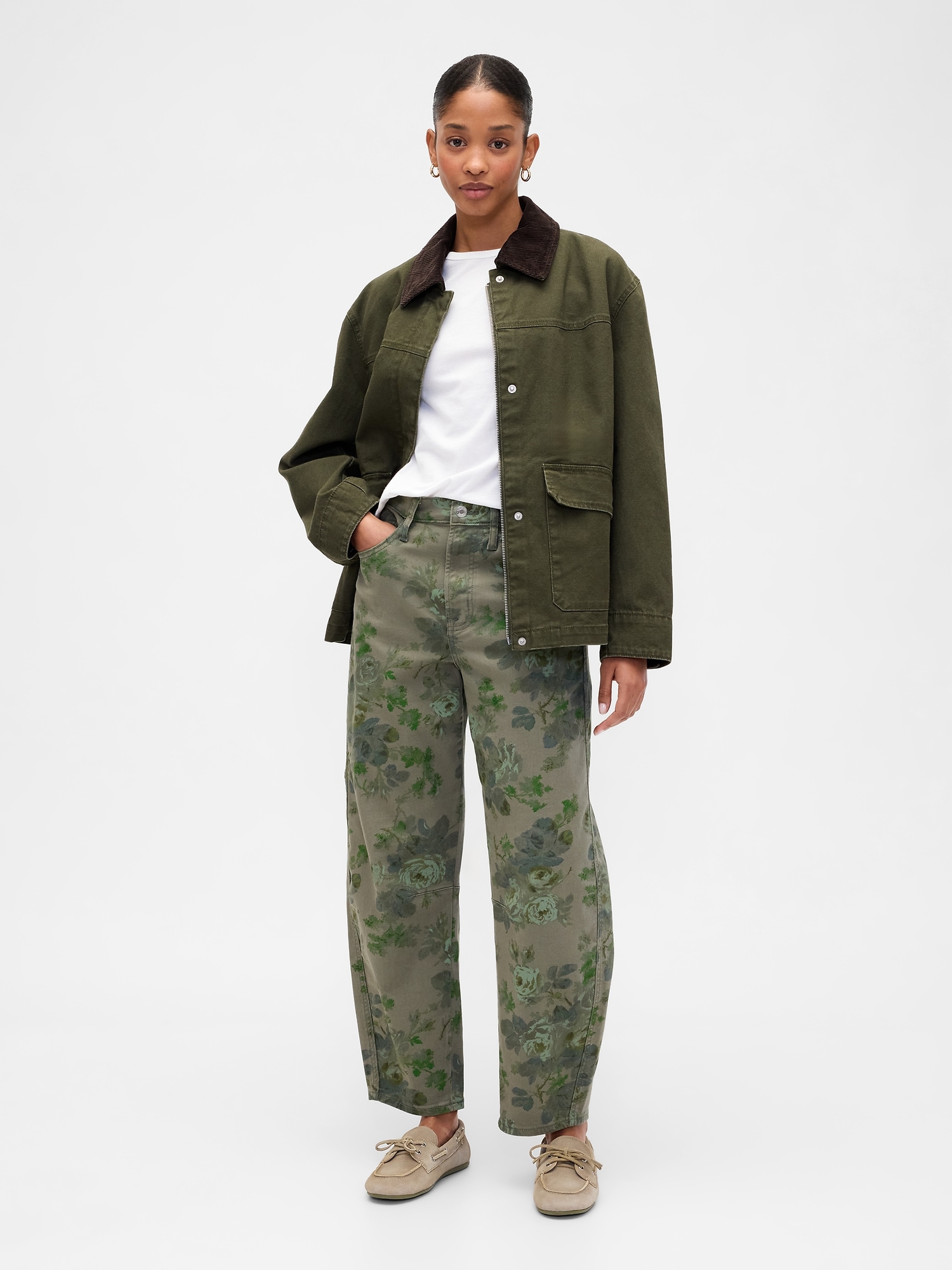 High Rise Print Barrel Jeans - Green Floral