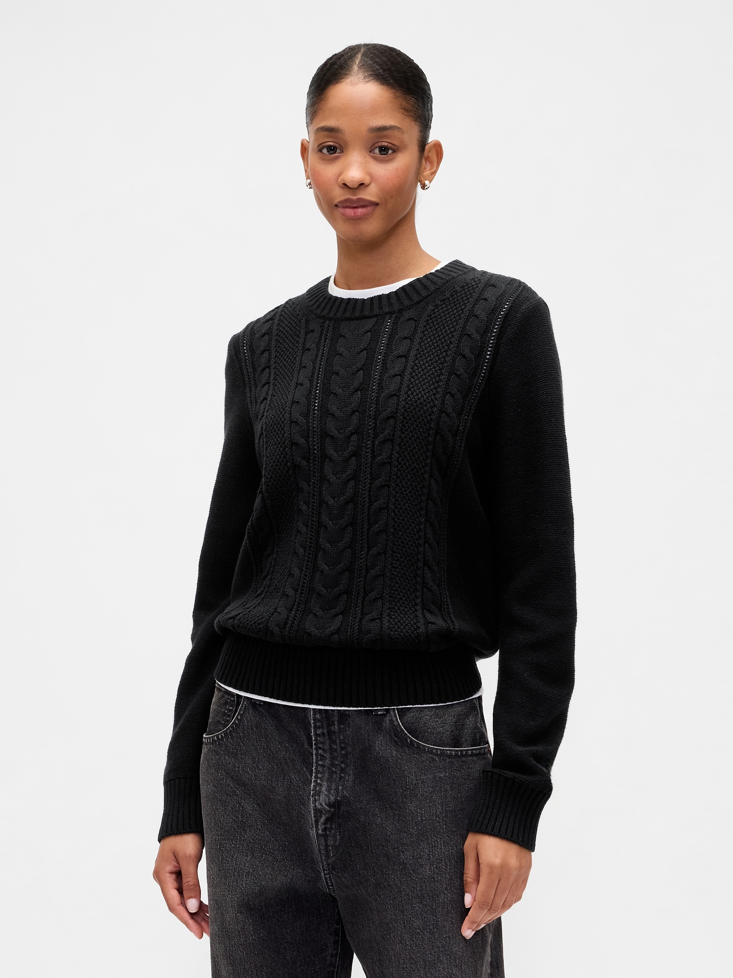 Cable-Knit Crewneck Sweater - Black