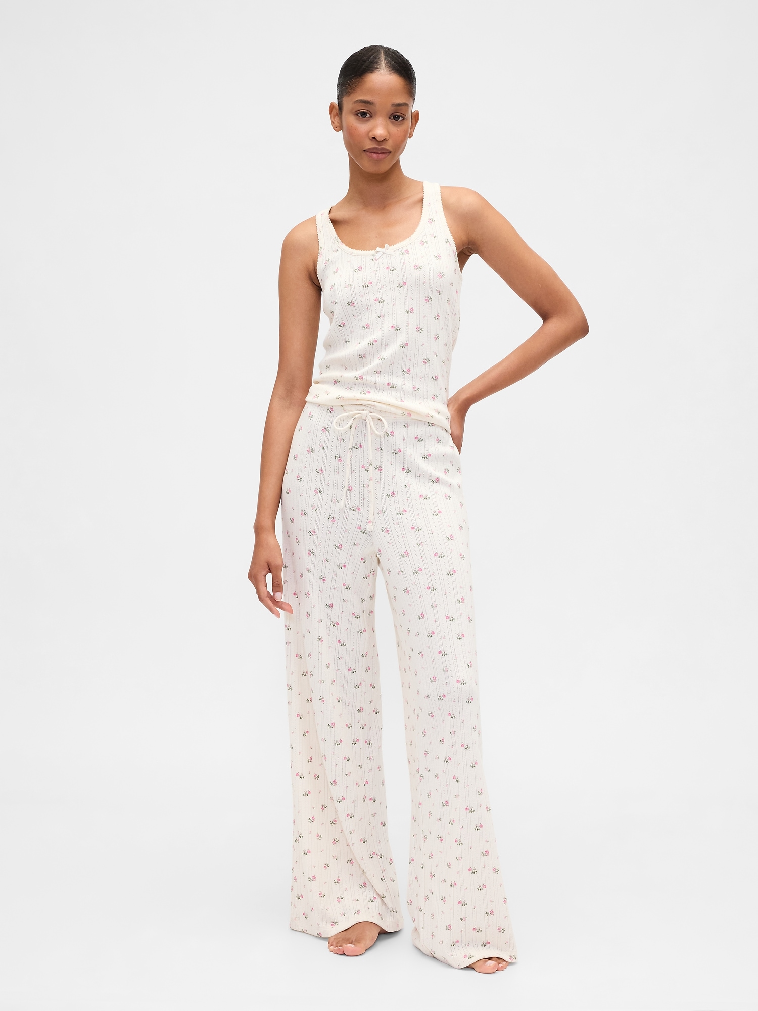 Relaxed Pointelle Wide-Leg PJ Pants - White