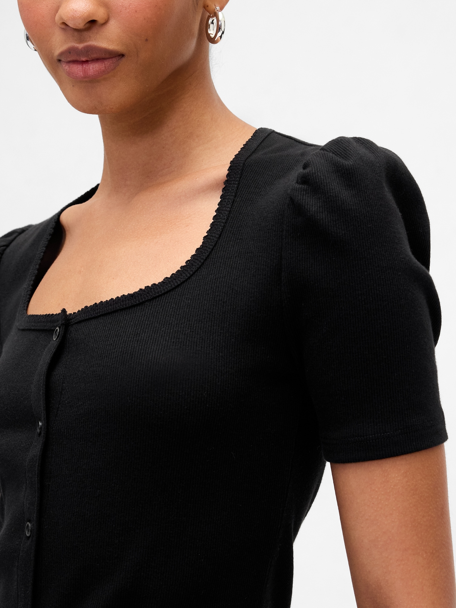 Gap Factory Ribbed Scoopneck Puff Sleeve Top In Black