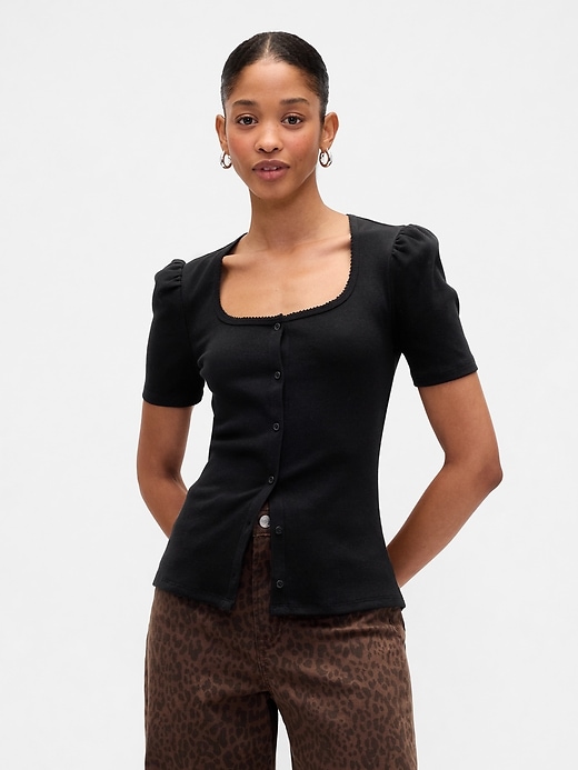 Image number 1 showing, Ribbed Scoopneck Puff Sleeve Top