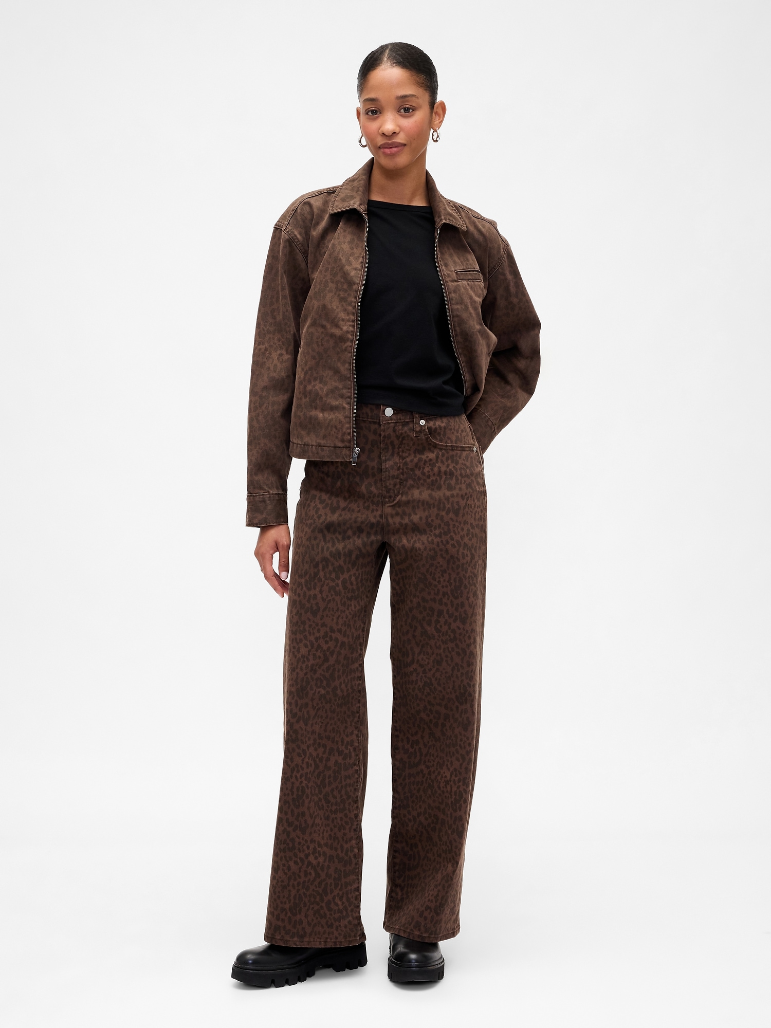High Rise Print Wide-Leg Jeans - Leopard