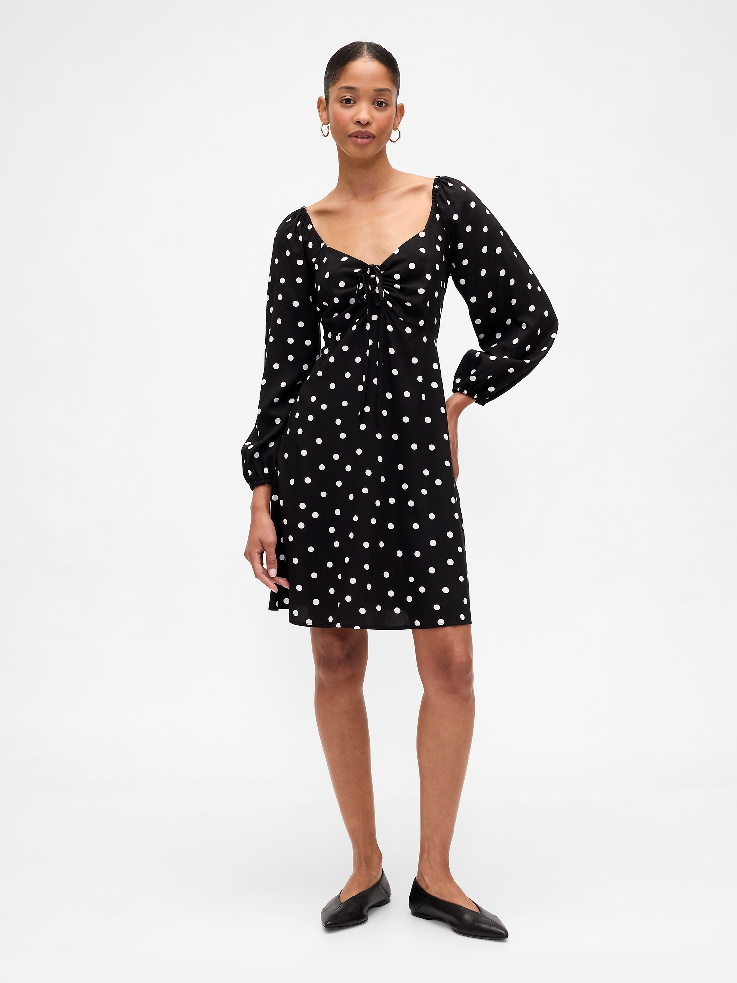 Smocked Print Mini Dress - Black Polka Dot