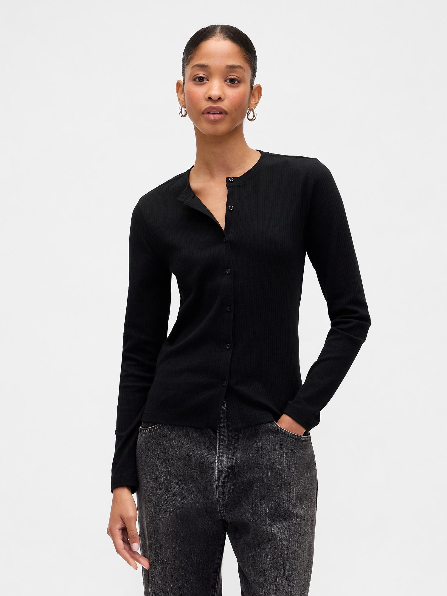Ribbed Button-Up Top - Black