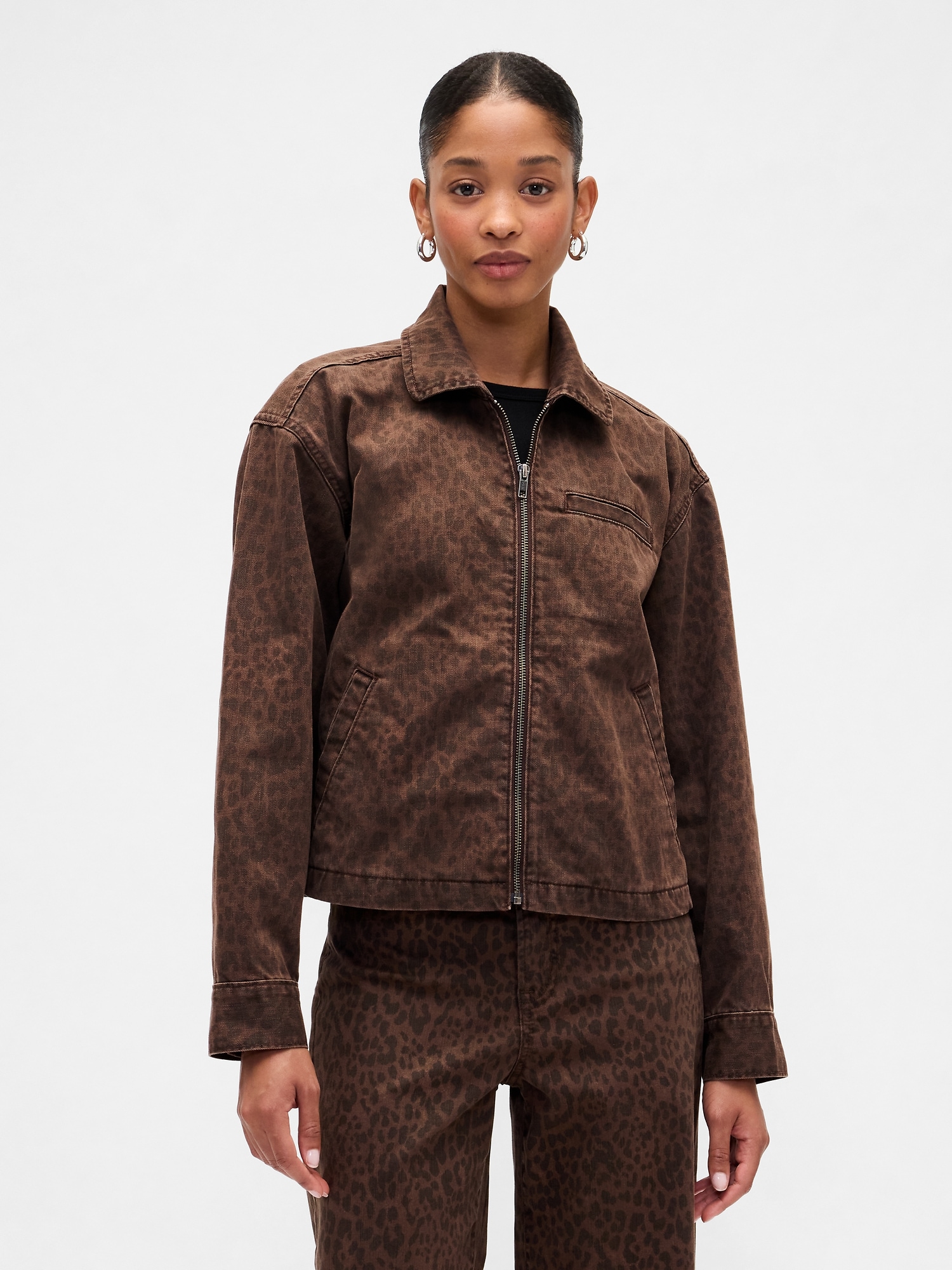Cropped Print Denim Chore Jacket - Leopard