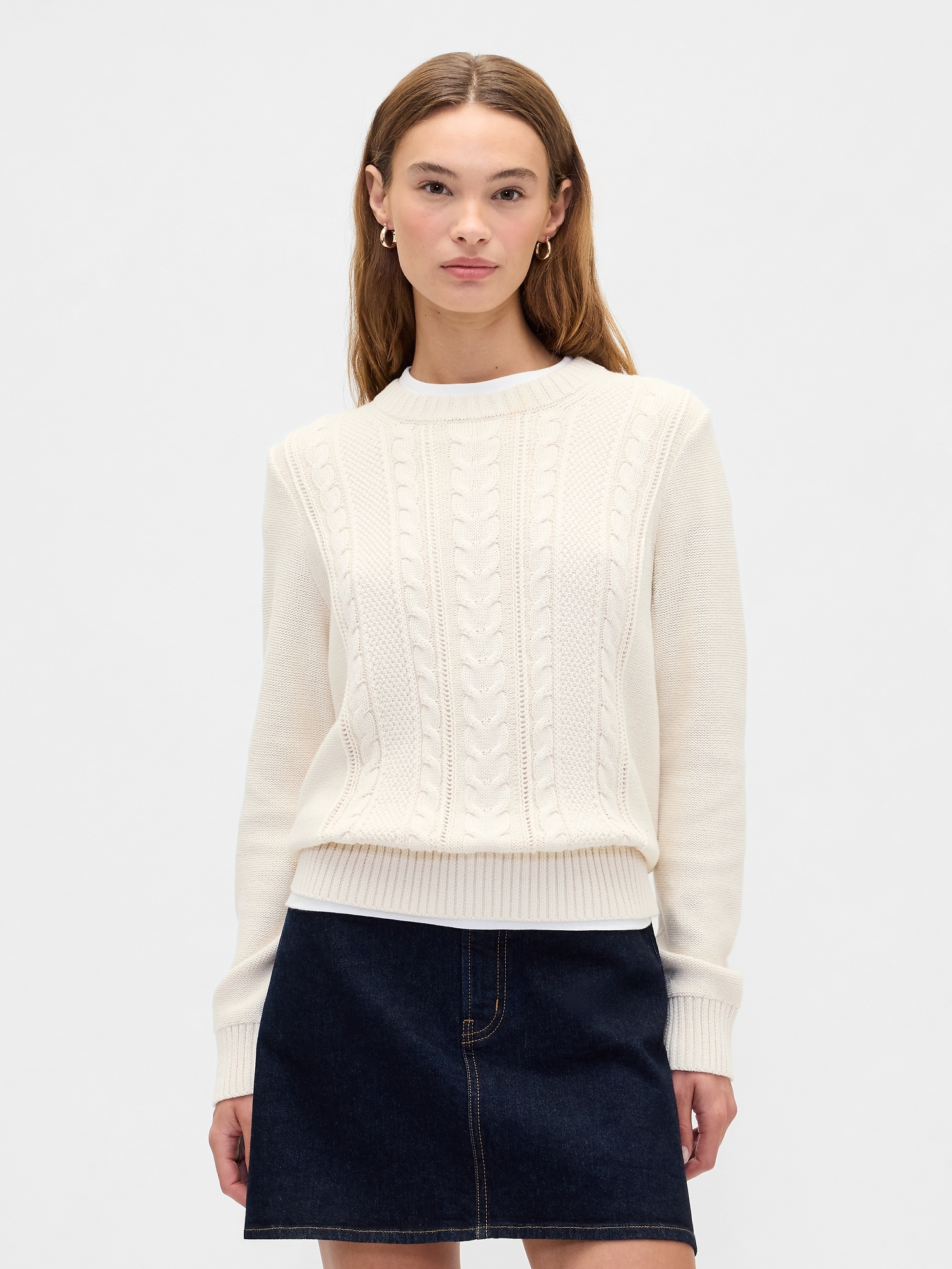 Cable-Knit Crewneck Sweater - Birch White