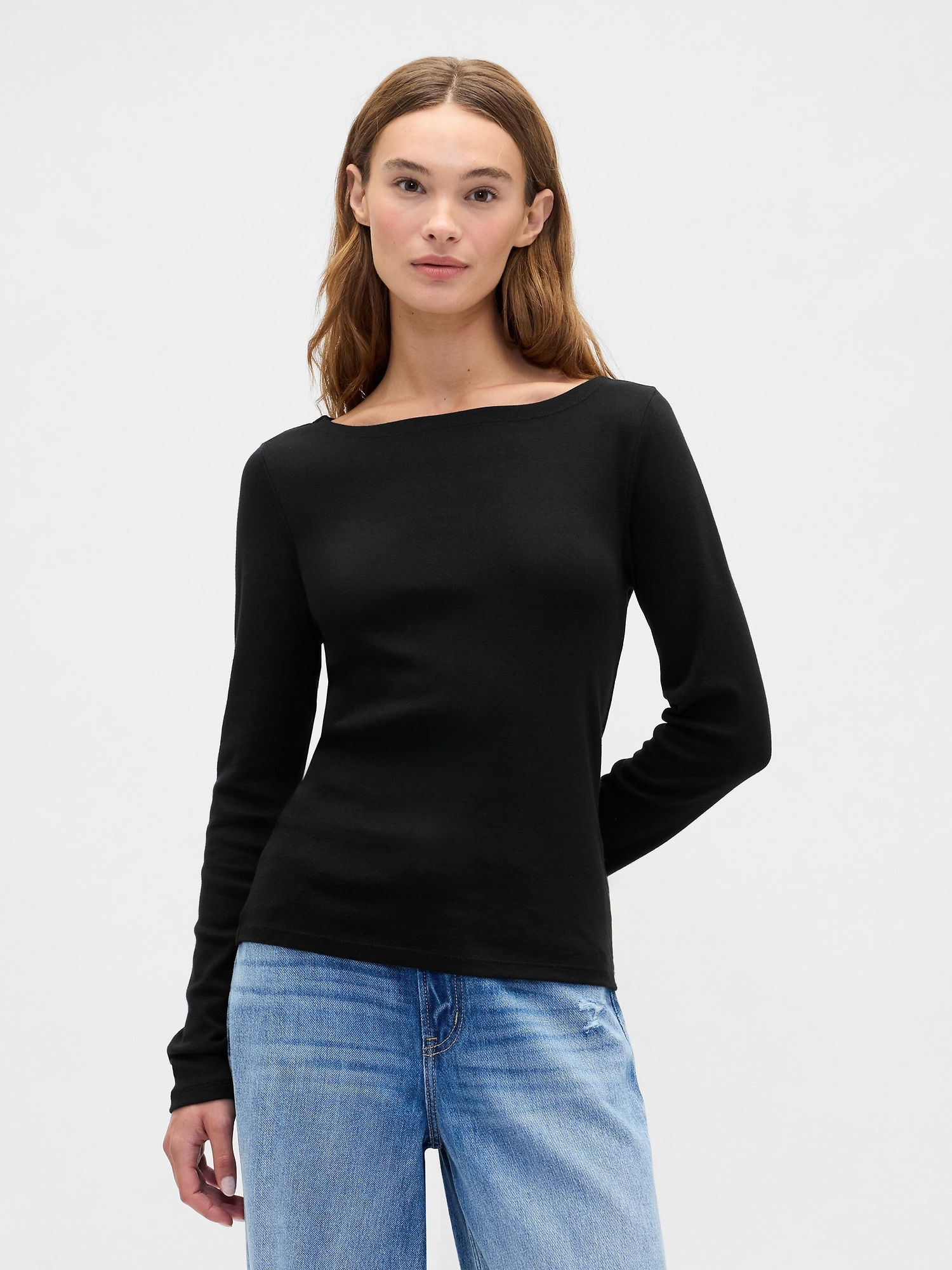 Modern Ribbed Boatneck T-Shirt - Black