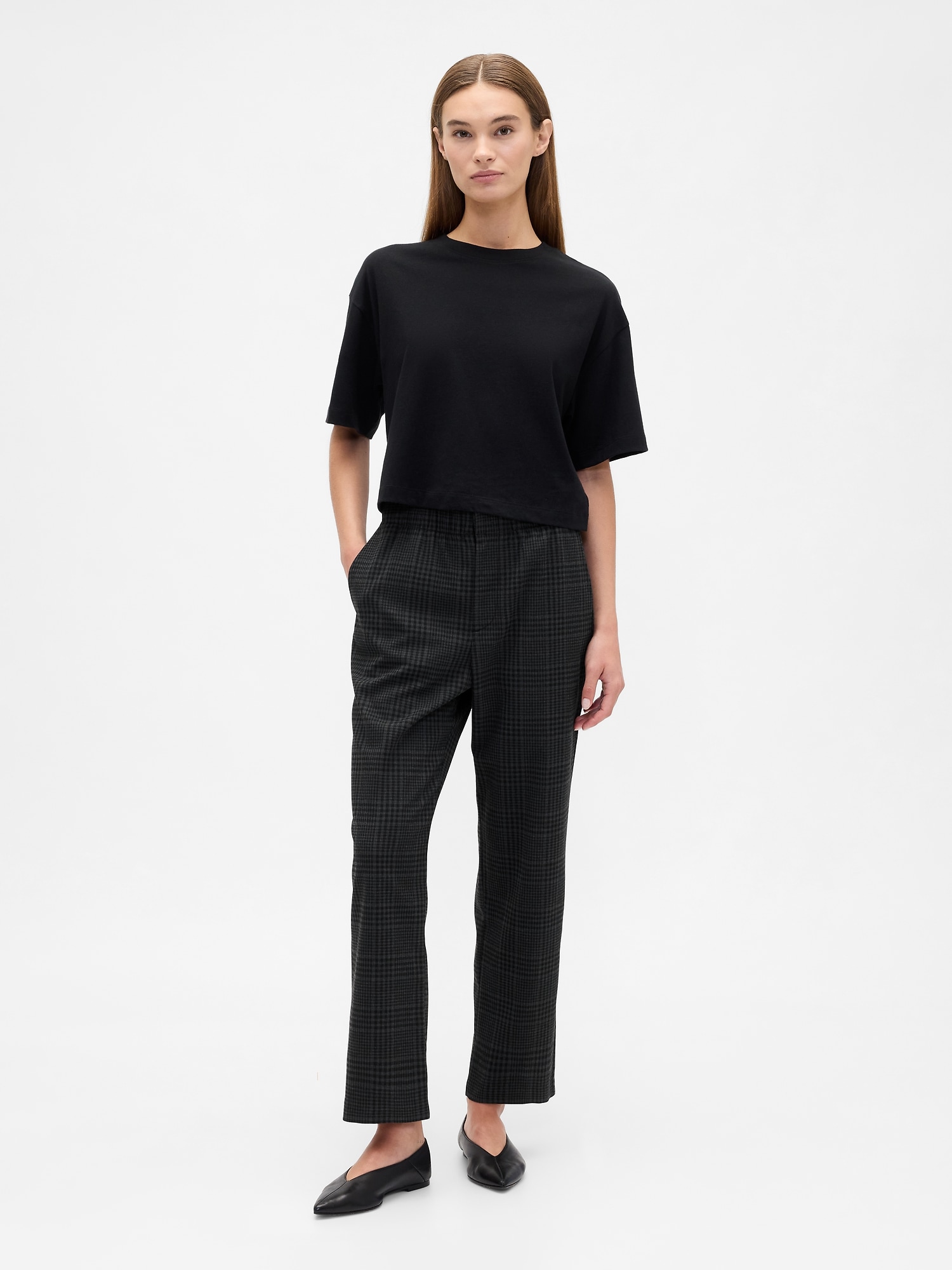 Recycled High Rise Straight-Leg Pants - Gray Plaid