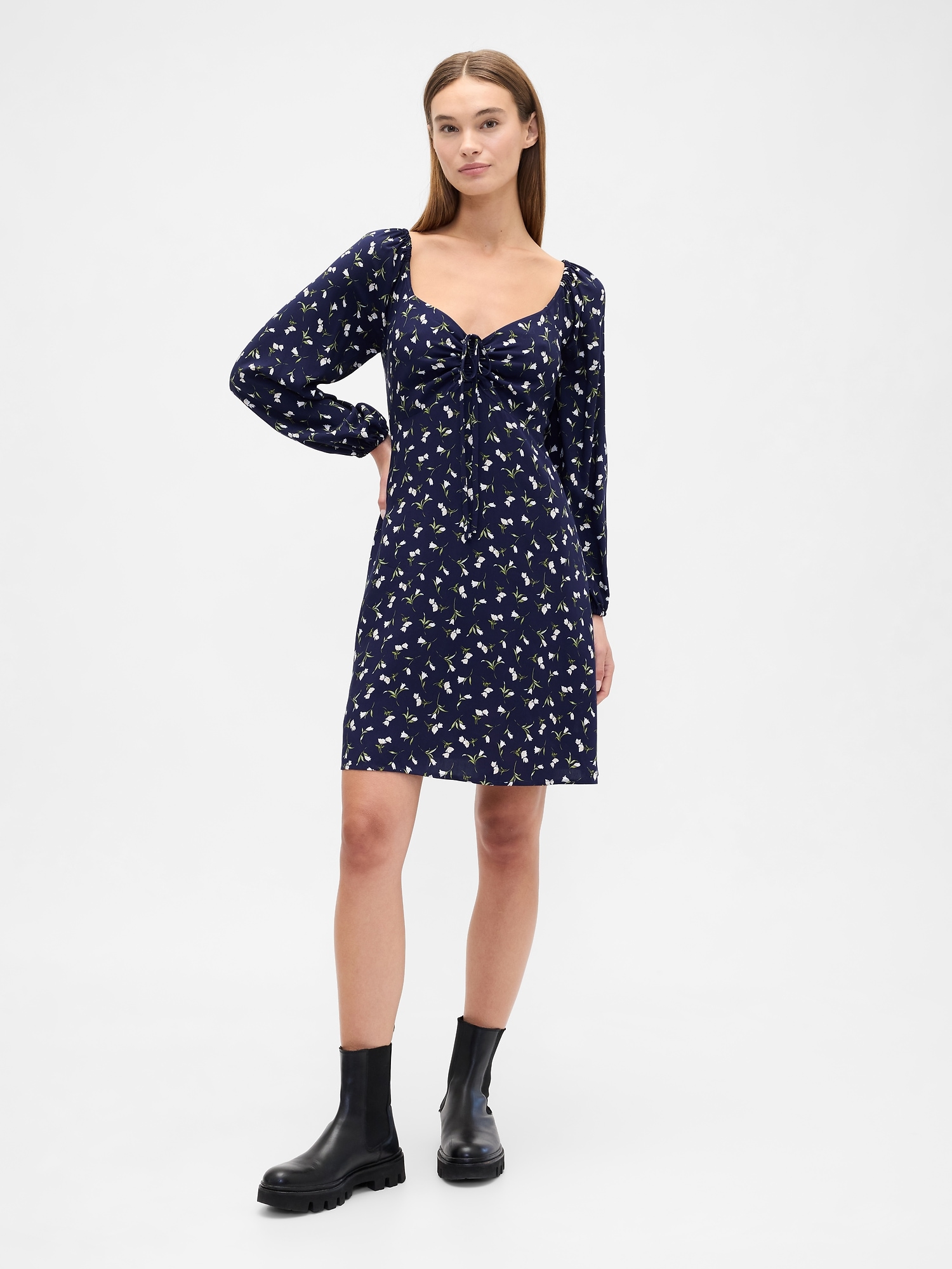 Smocked Print Mini Dress - Navy Floral