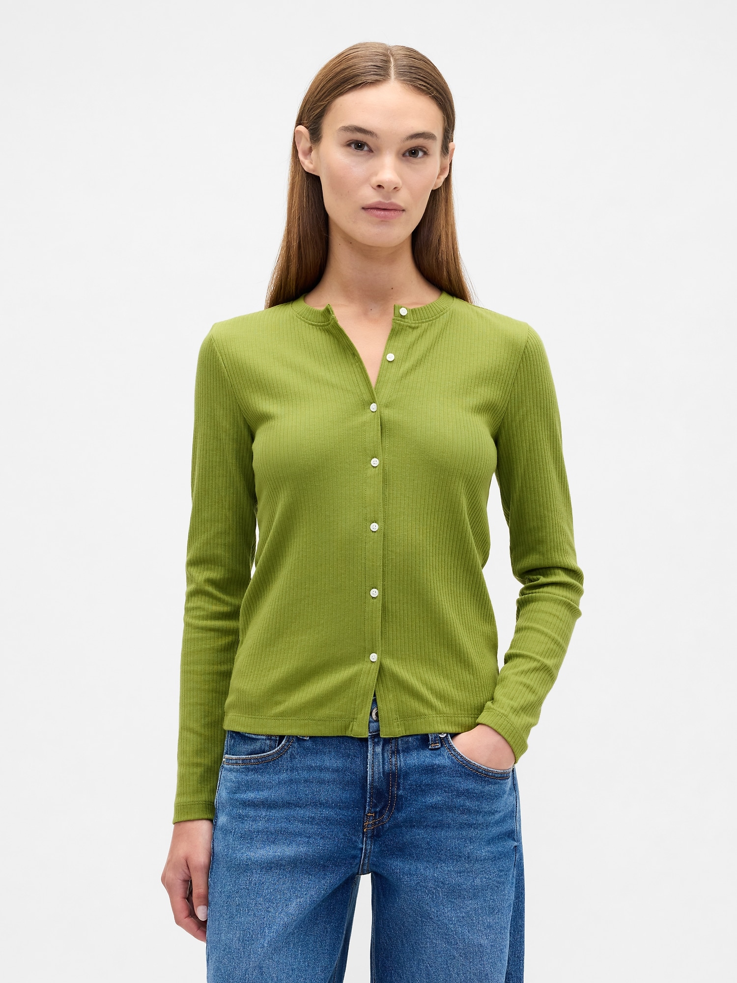 Ribbed Button-Up Top - Calla Green