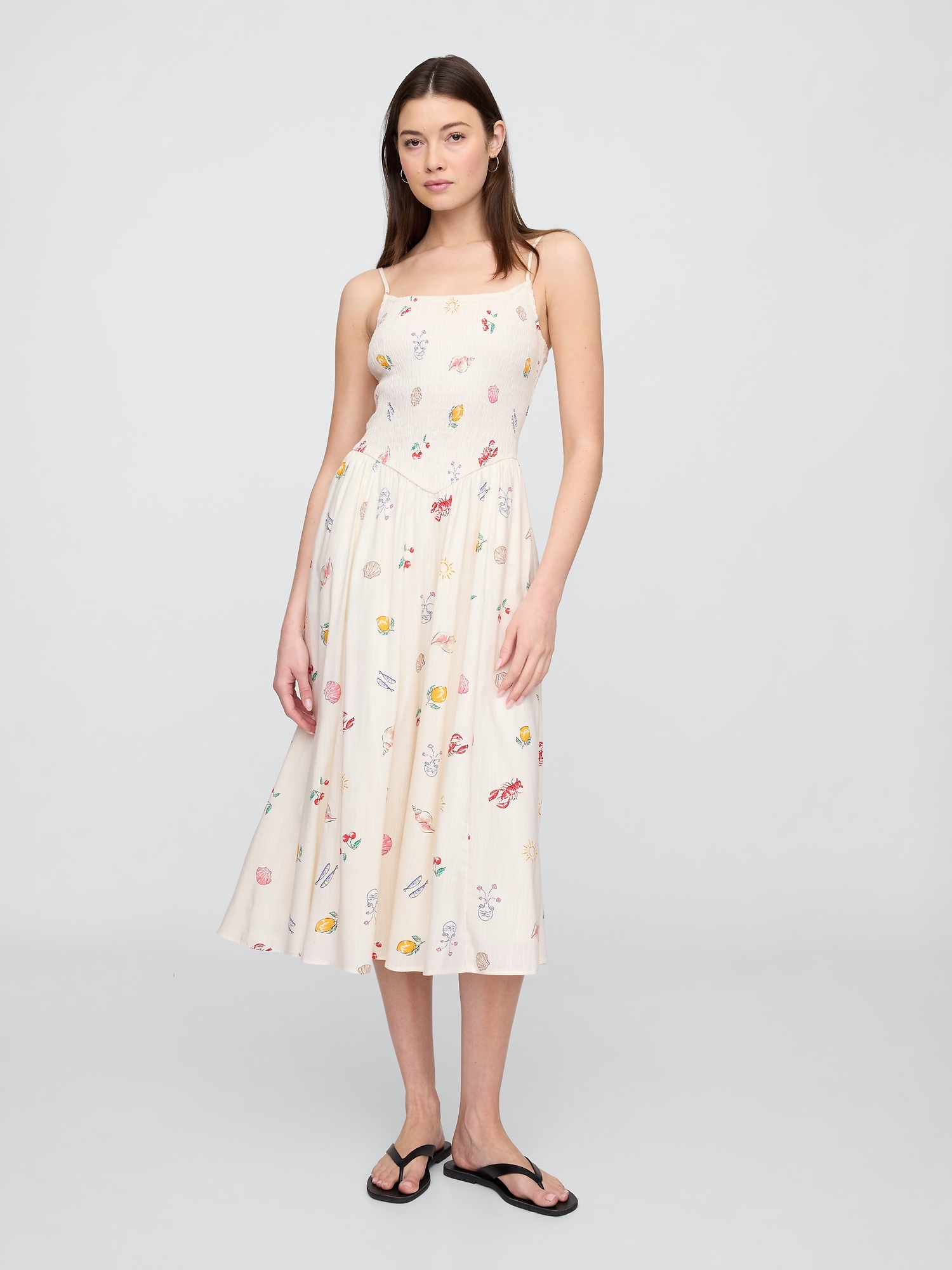 Smocked Dip-Waist Midi Dress - White
