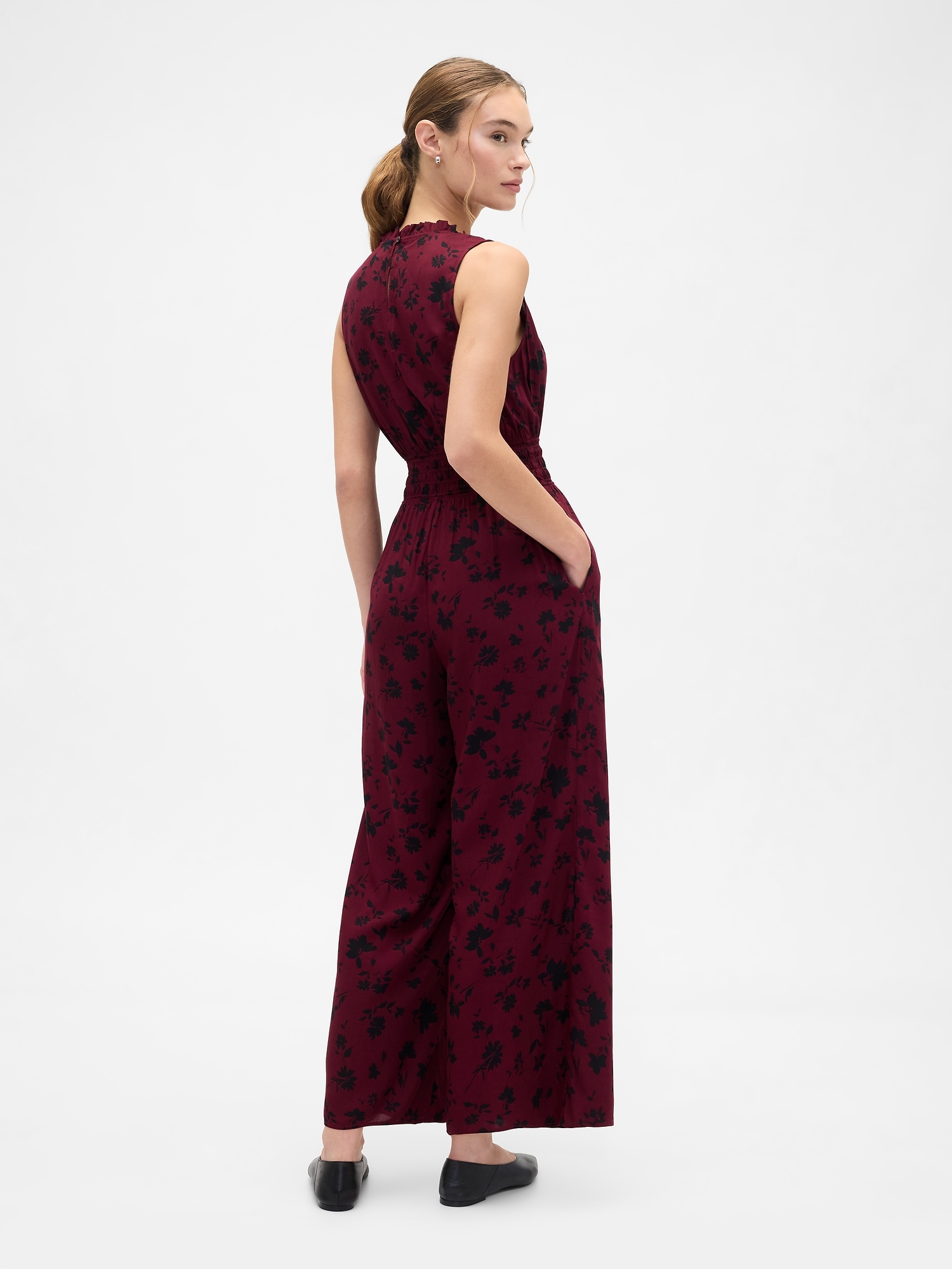 Gap Factory Smocked Wide-leg V-neck Jumpsuit In Red