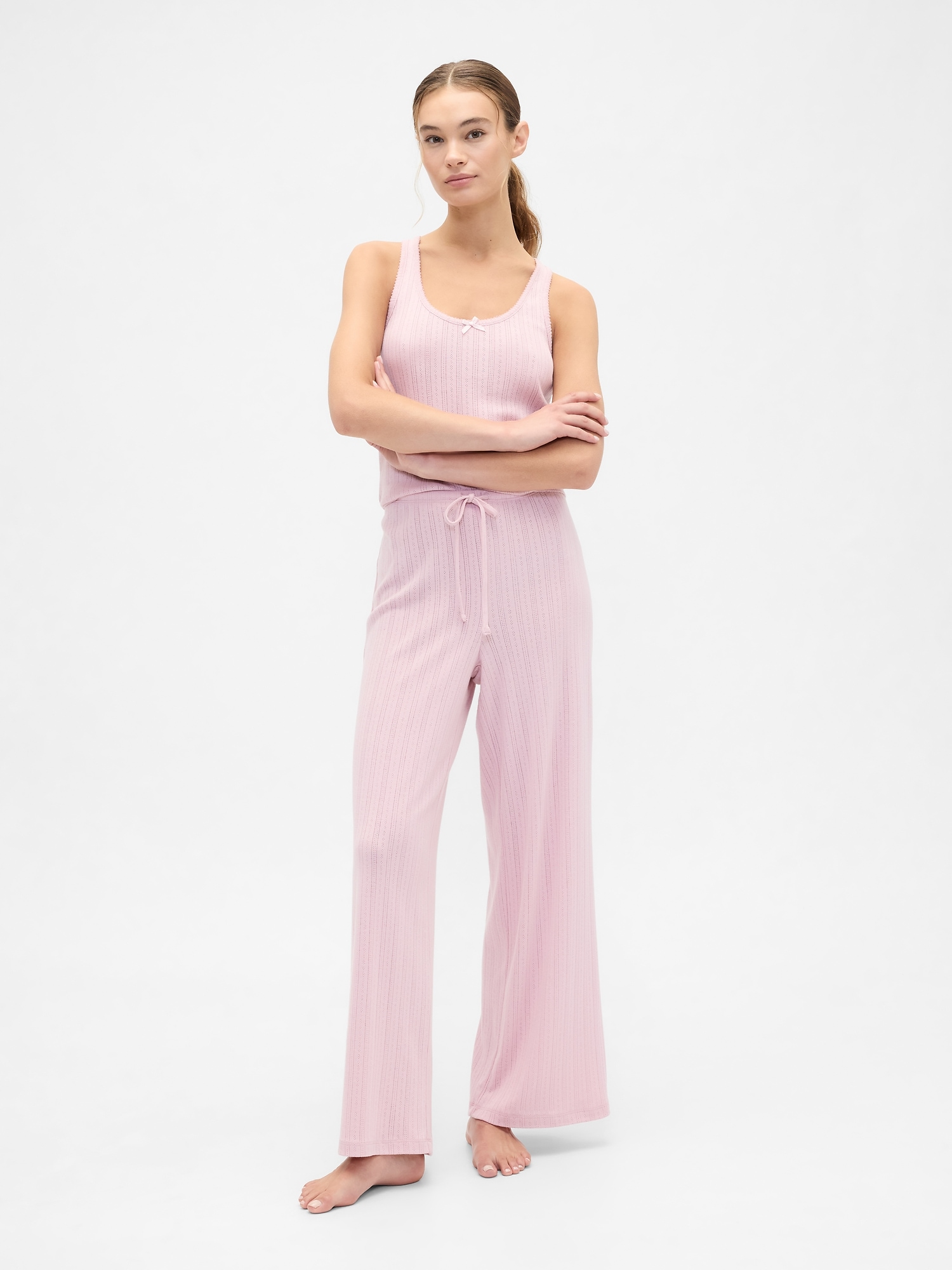 Relaxed Pointelle Wide-Leg PJ Pants - Pink