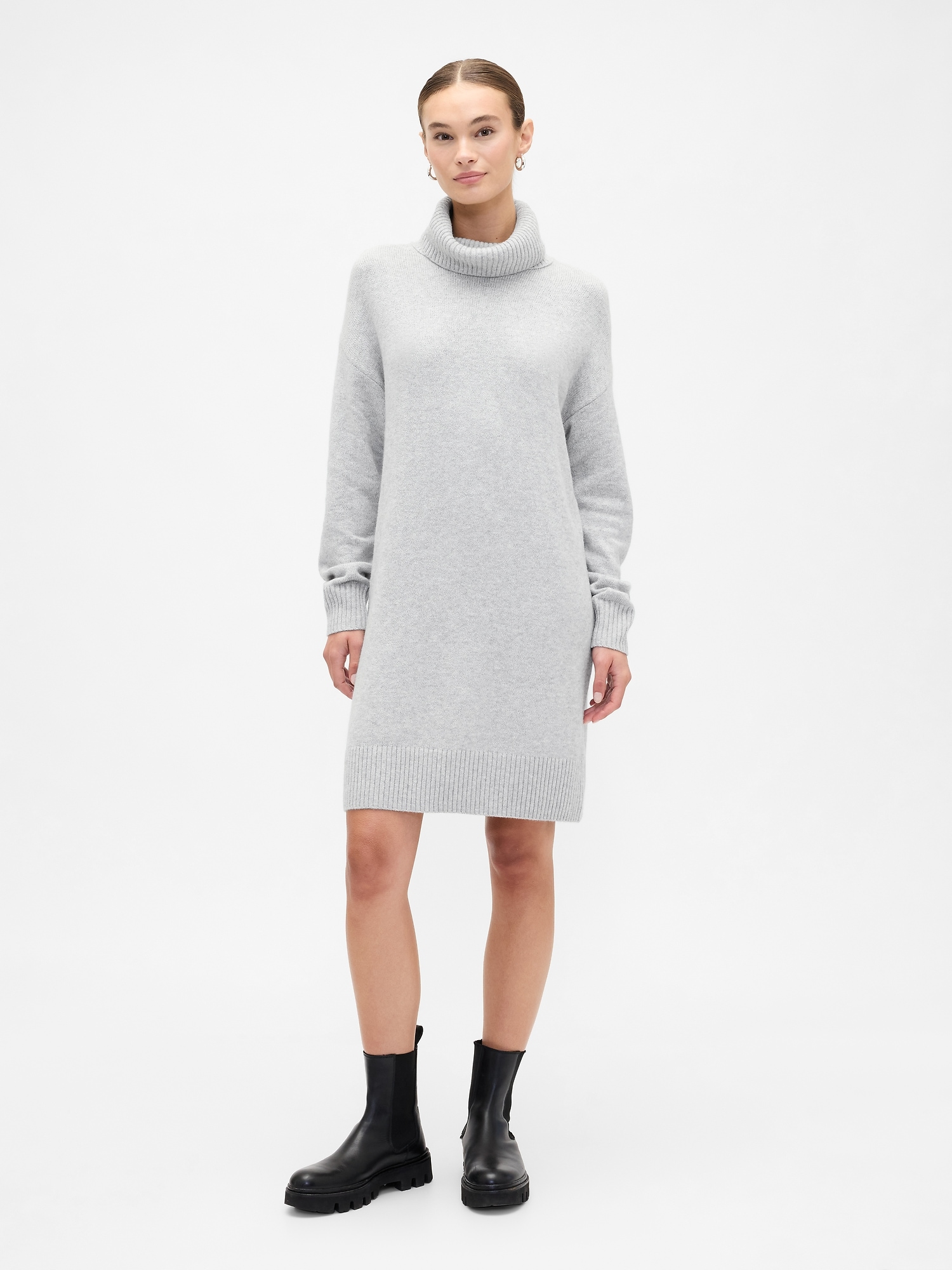CashSoft Relaxed Turtleneck Sweater Mini Dress - Light Grey Heather